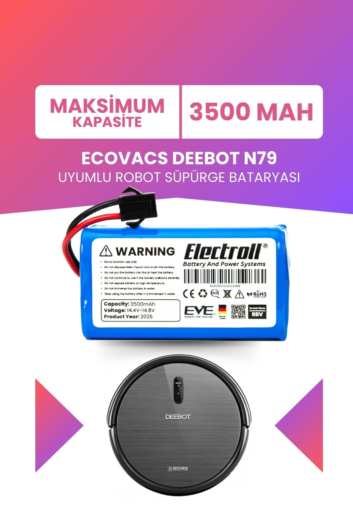 Ecovacs Deebot N79 Uyumlu Batarya (MAKSİMUM KAPASİTE) 3500mah Pil Robot Süpürge Bataryası