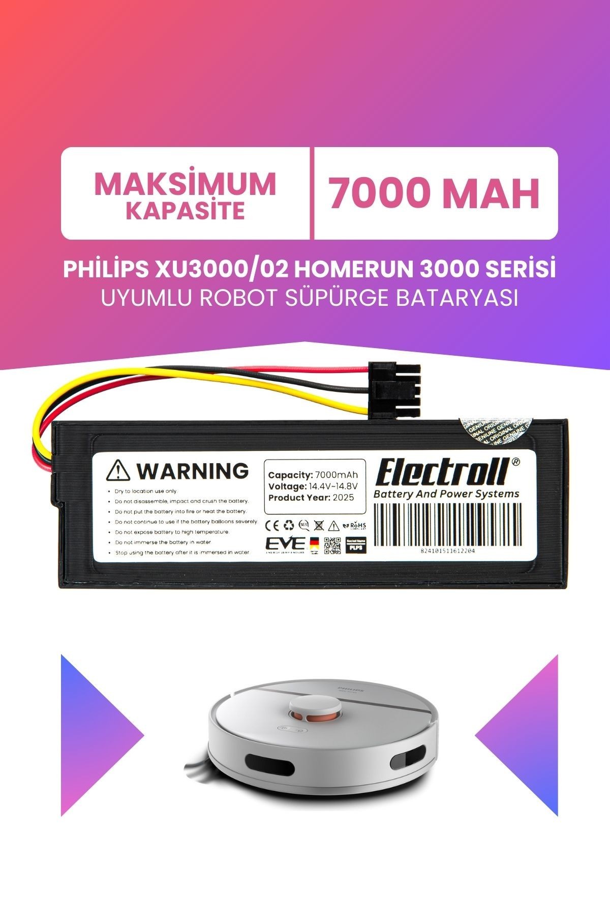 Philips Xu3000/02 Homerun 3000 Serisi Uyumlu Batarya (MAKSİMUM KAPASİTE) 7000mah Robot Süpürge Pili