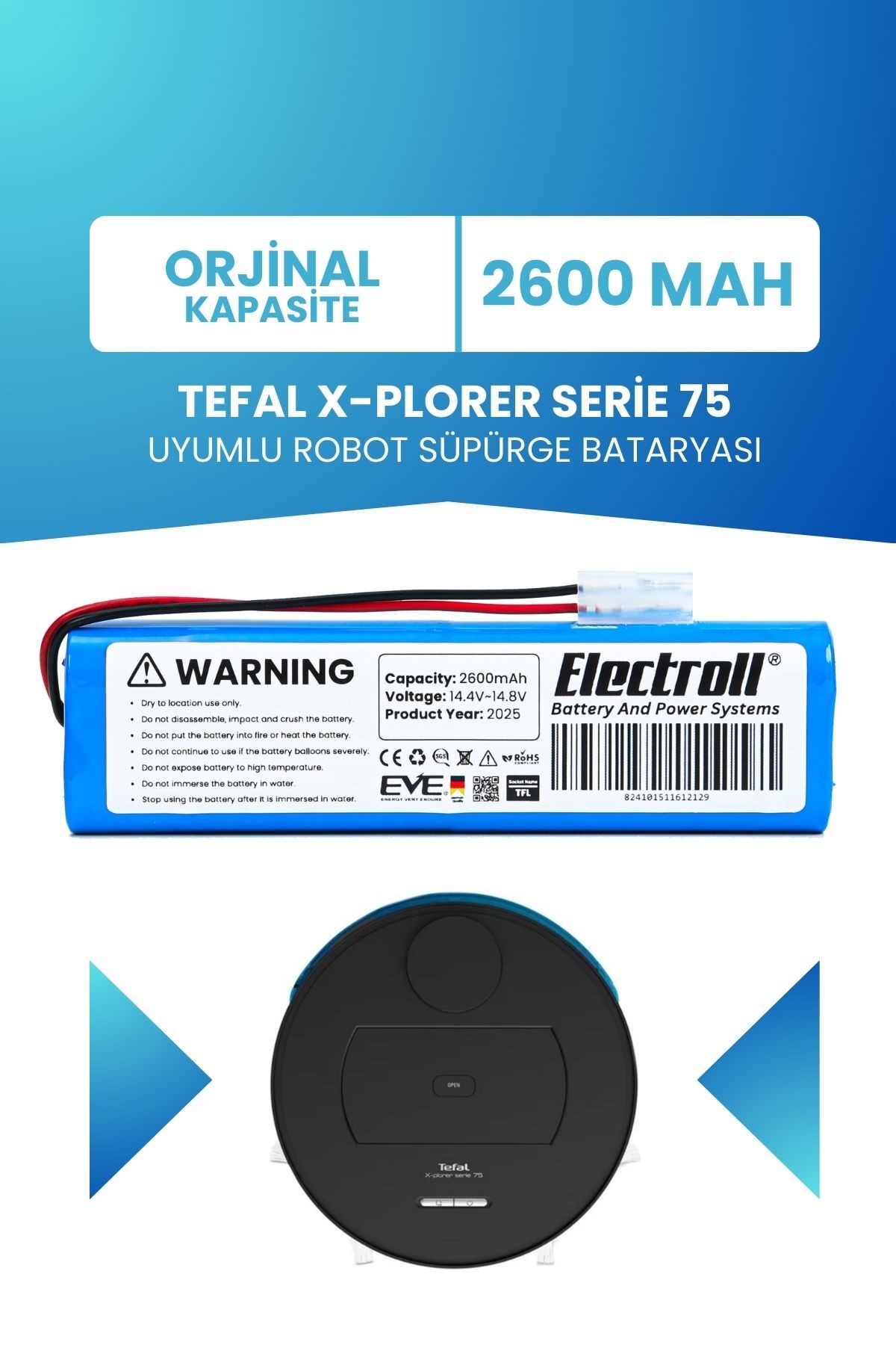 Tefal X-plorer Serie 75 Uyumlu Batarya (ORJİNAL KAPASİTE) 2600mah Pil Robot Süpürge Bataryası Rg7675