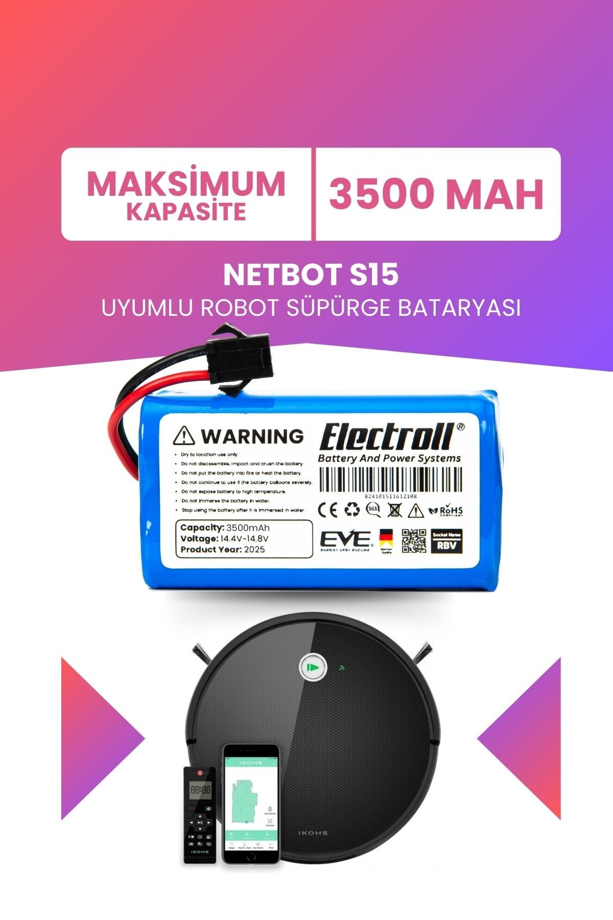 Netbot S15 Uyumlu Batarya (MAKSİMUM KAPASİTE) 3500mah Pil Robot Süpürge Bataryası