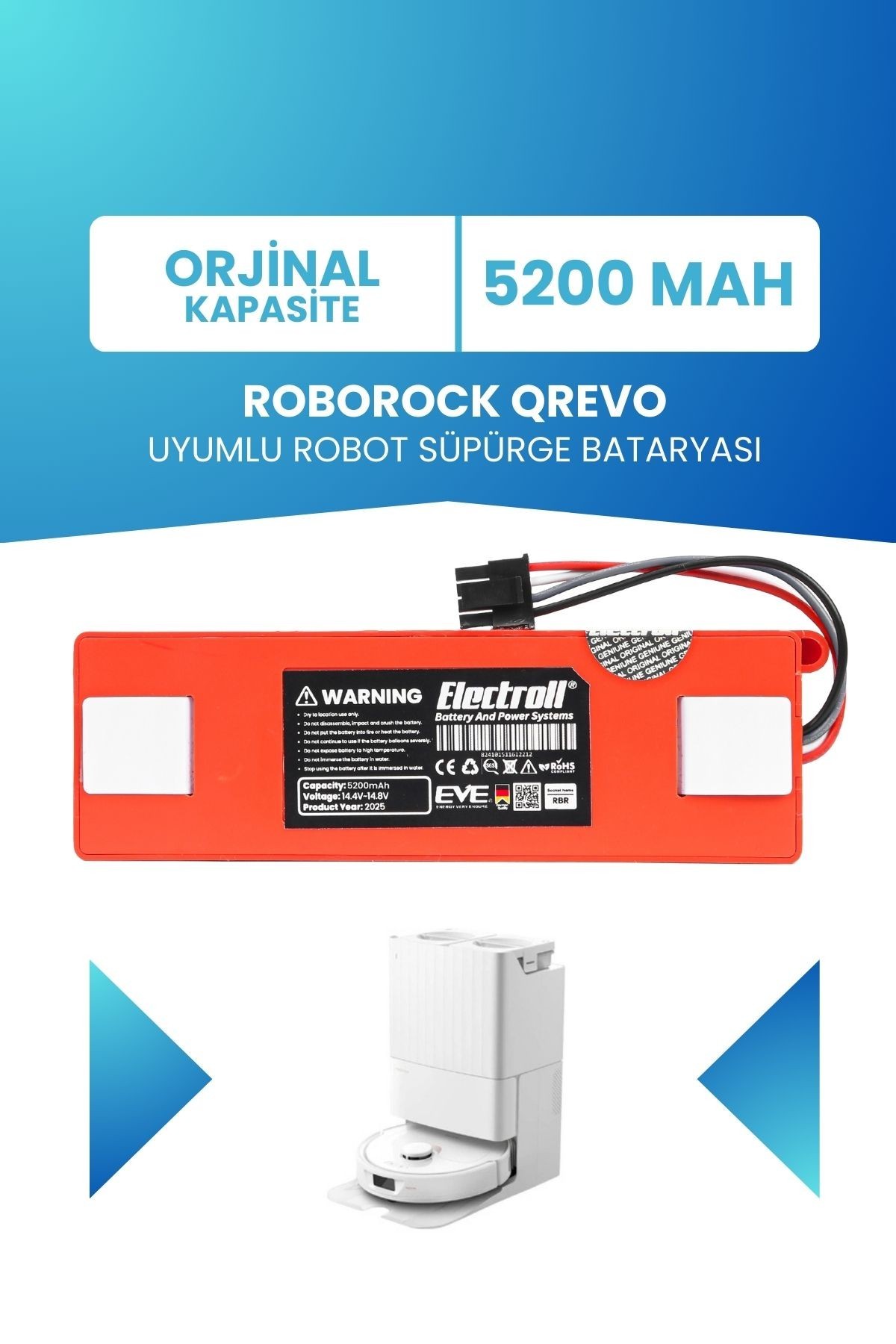 ROBOROCK QREVO Uyumlu Batarya (Orjinal Kapasite) 5200MAH Pil Robot Süpürge Batarya Değişimi