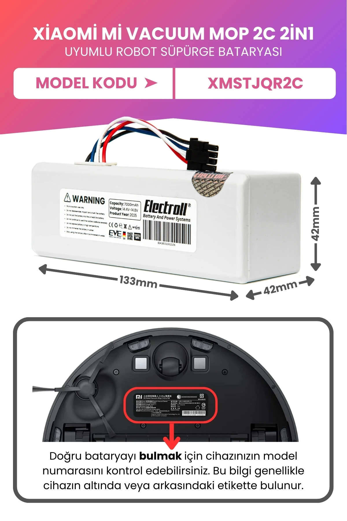 Xiaomi Mi Vacuum Mop 2c 2in1 Uyumlu Batarya (MAKSİMUM KAPASİTE) 7000mah Robot Süpürge Pil XMSTJQR2C