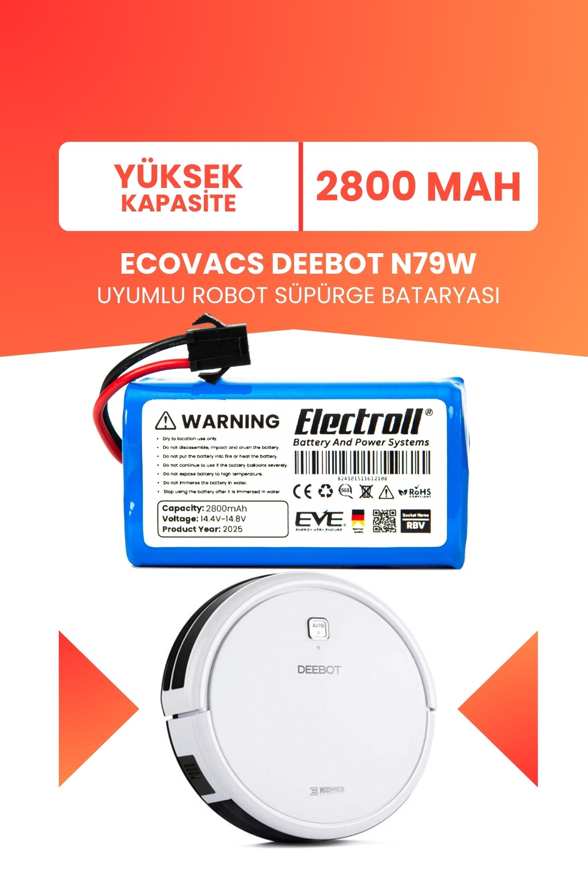 Ecovacs Deebot N79w Uyumlu Batarya (YÜKSEK KAPASİTE) 2800mah Robot Süpürge Bataryası
