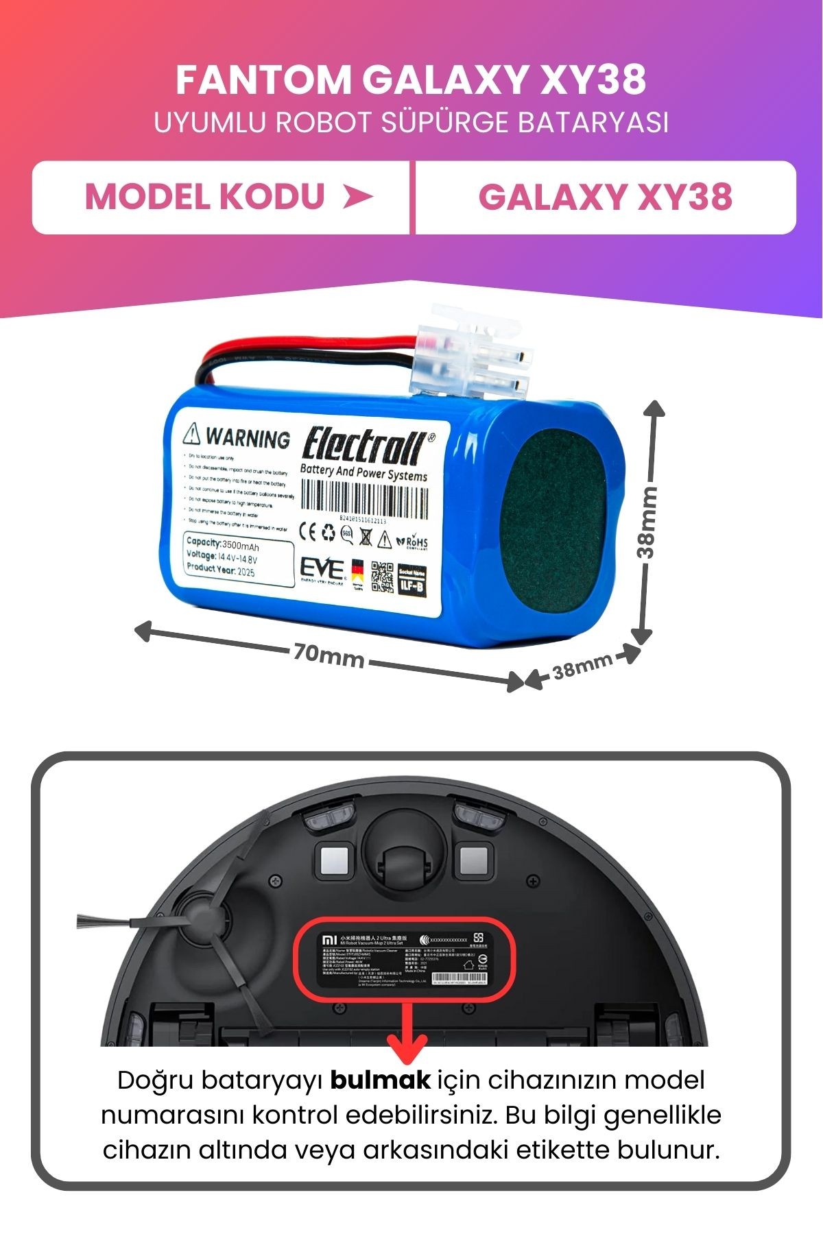 Fantom Galaxy XY38 Uyumlu Batarya (MAKSİMUM KAPASİTE) 3500mah Pil Robot Süpürge Bataryası Değişimi