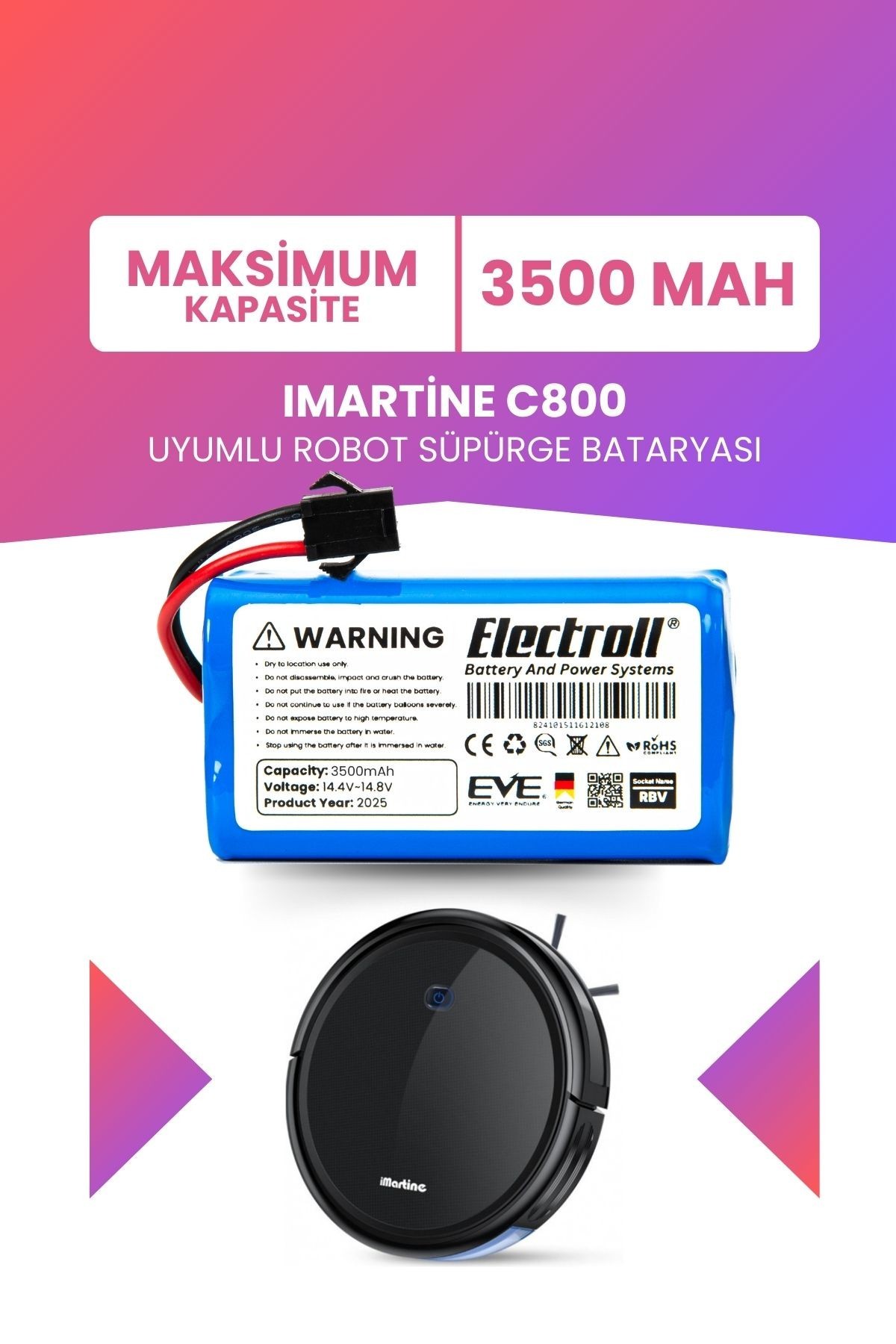 Imartine C800 Uyumlu Batarya (MAKSİMUM KAPASİTE) 3500mah Pil Robot Süpürge Bataryası
