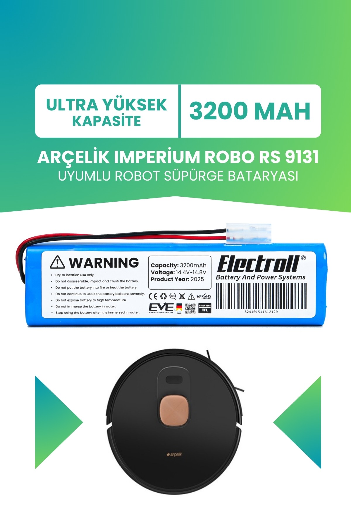 Arçelik Imperium Robo Rs 9131 Uyumlu Batarya (ULTRA YÜKSEK KAPASİTE) 3200mah Pil Robot Süpürge Bataryası