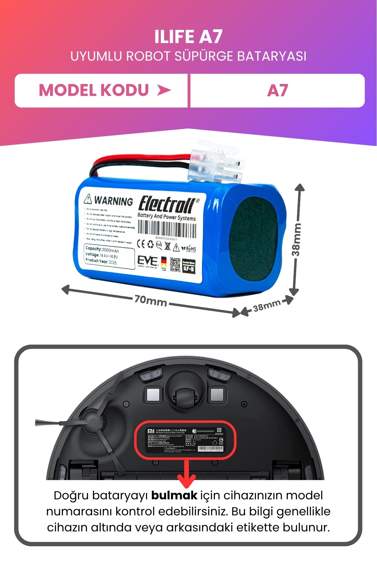 Ilıfe A7 Uyumlu Batarya (MAKSİMUM KAPASİTE) 3500mah Pil Robot Süpürge Bataryası