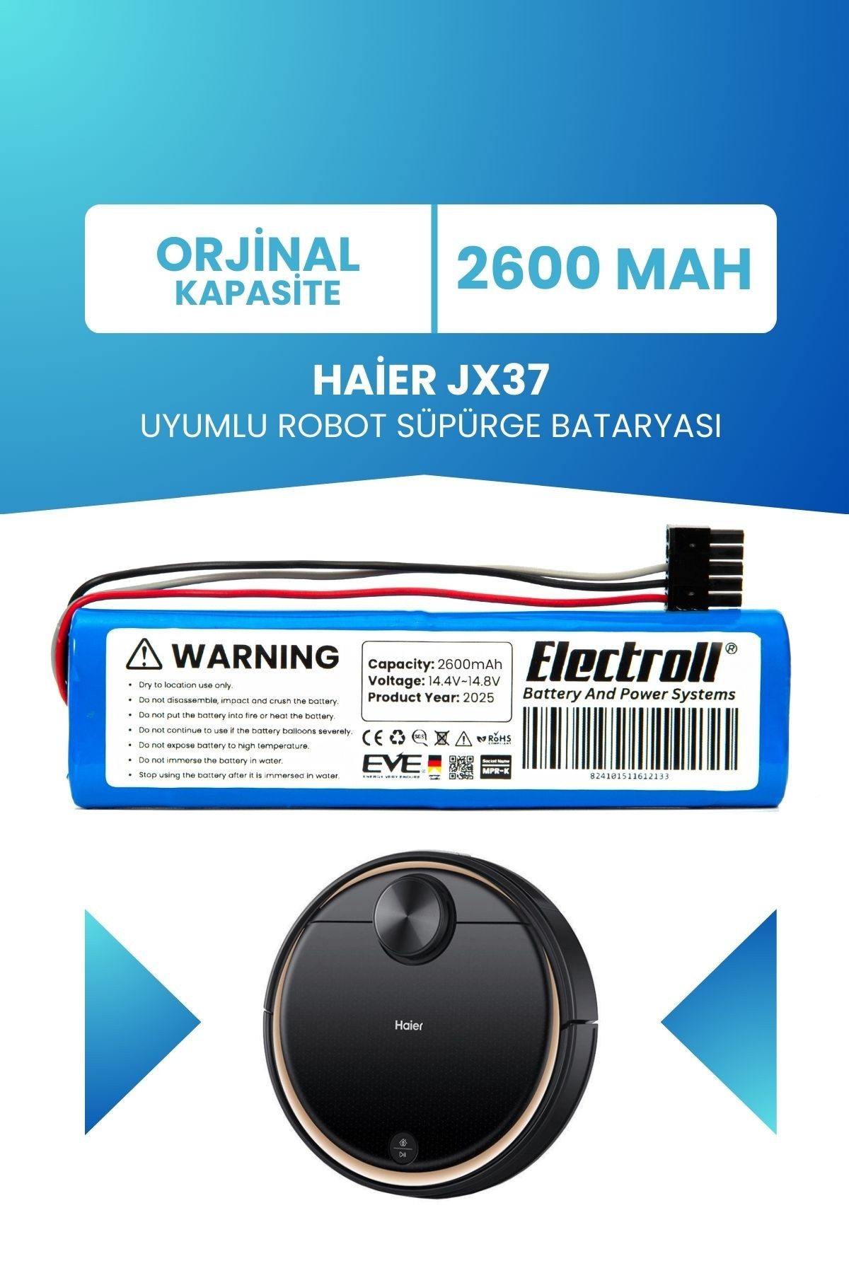 Haier Jx37 Uyumlu Batarya (ORJİNAL KAPASİTE) 2600mah Pil Robot Süpürge Bataryası Değişimi