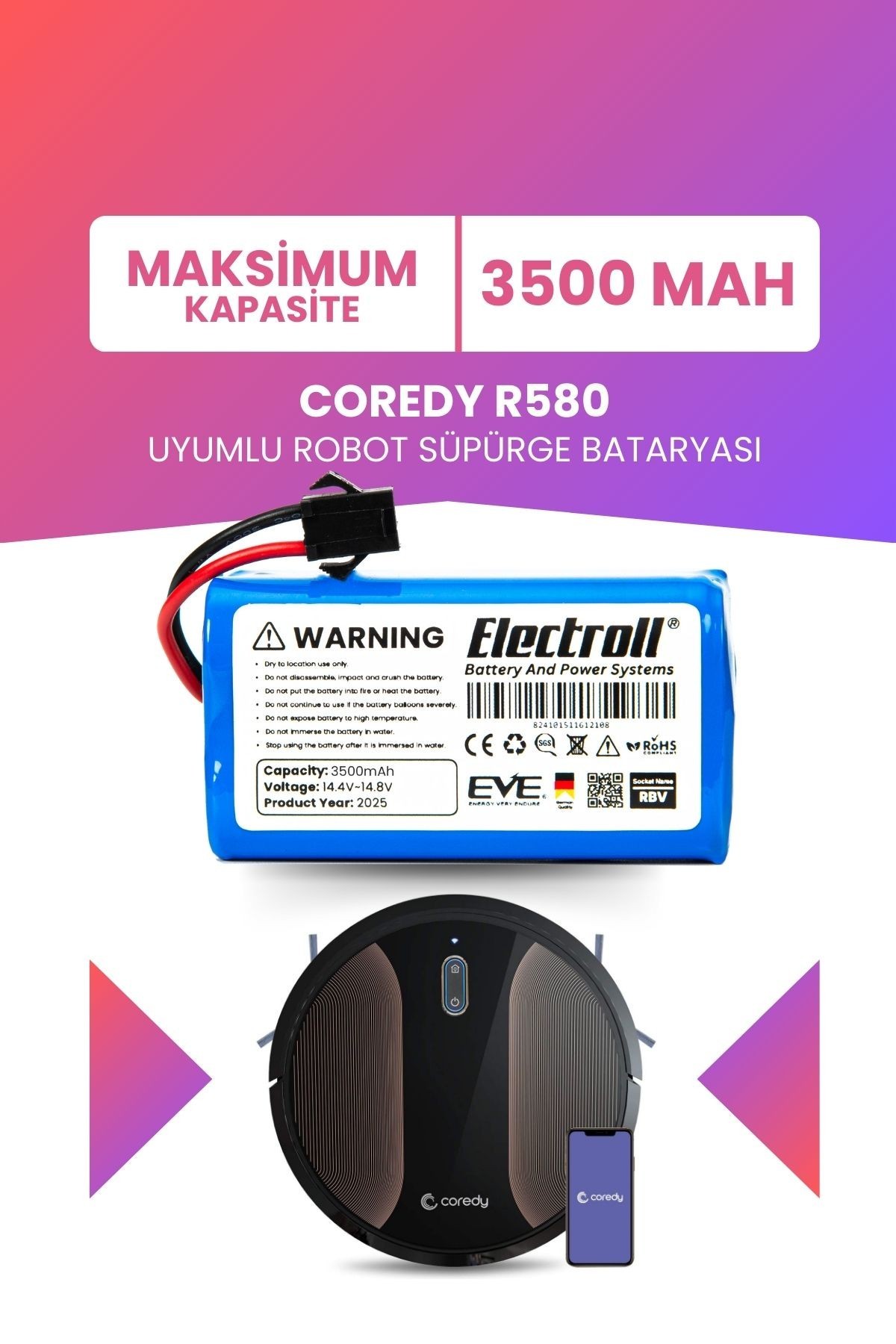 Coredy R580 Uyumlu Batarya (MAKSİMUM KAPASİTE) 3500mah Pil Akıllı Robot Süpürge Bataryası
