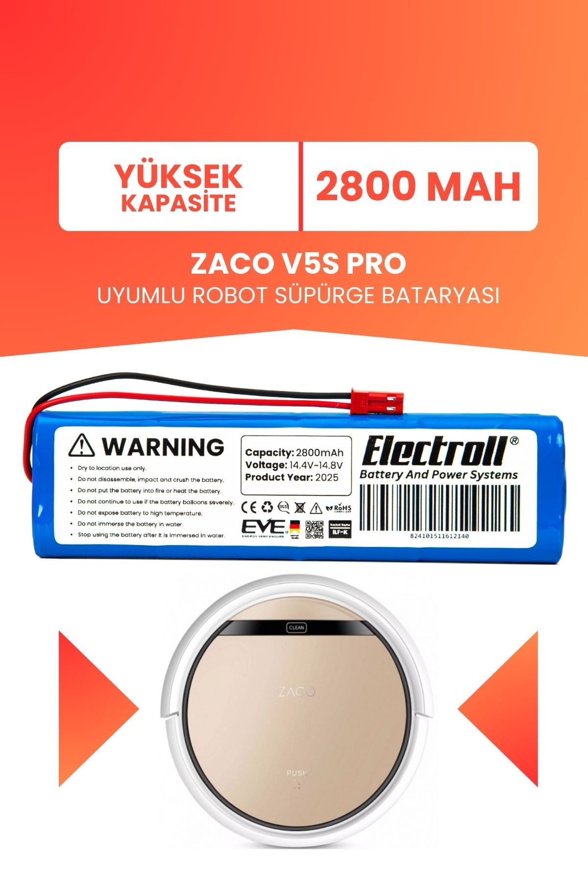 Zaco V5S Pro (Yüksek Kapasite) 2800mAh Robot Süpürge Bataryası