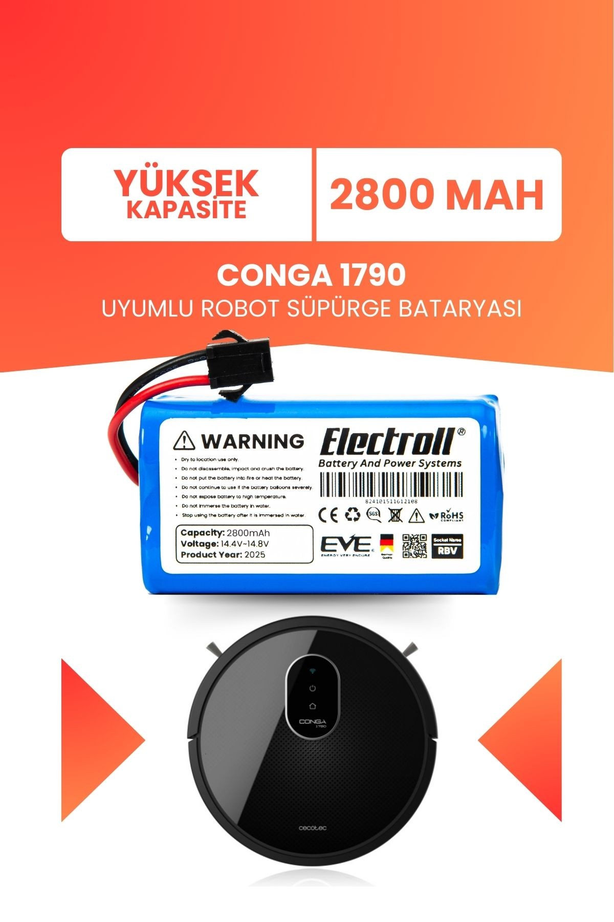 Conga 1790 Uyumlu Batarya (YÜKSEK KAPASİTE) 2800mah Pil Akıllı Robot Süpürge Bataryası