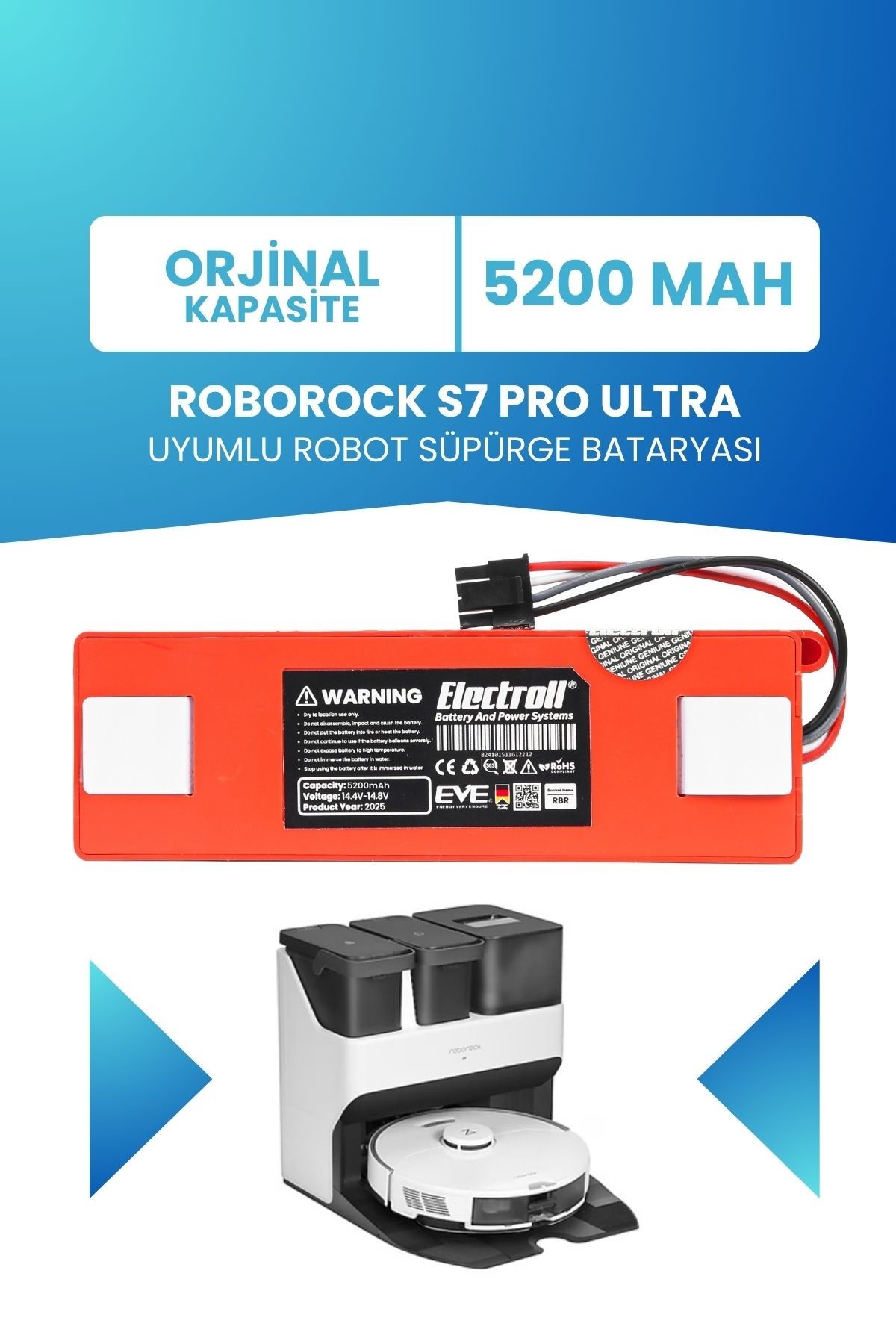 Roborock S7 Pro Ultra Uyumlu Batarya (ORJİNAL KAPASİTE) 5200mah Pil Robot Süpürge Bataryası Değişimi