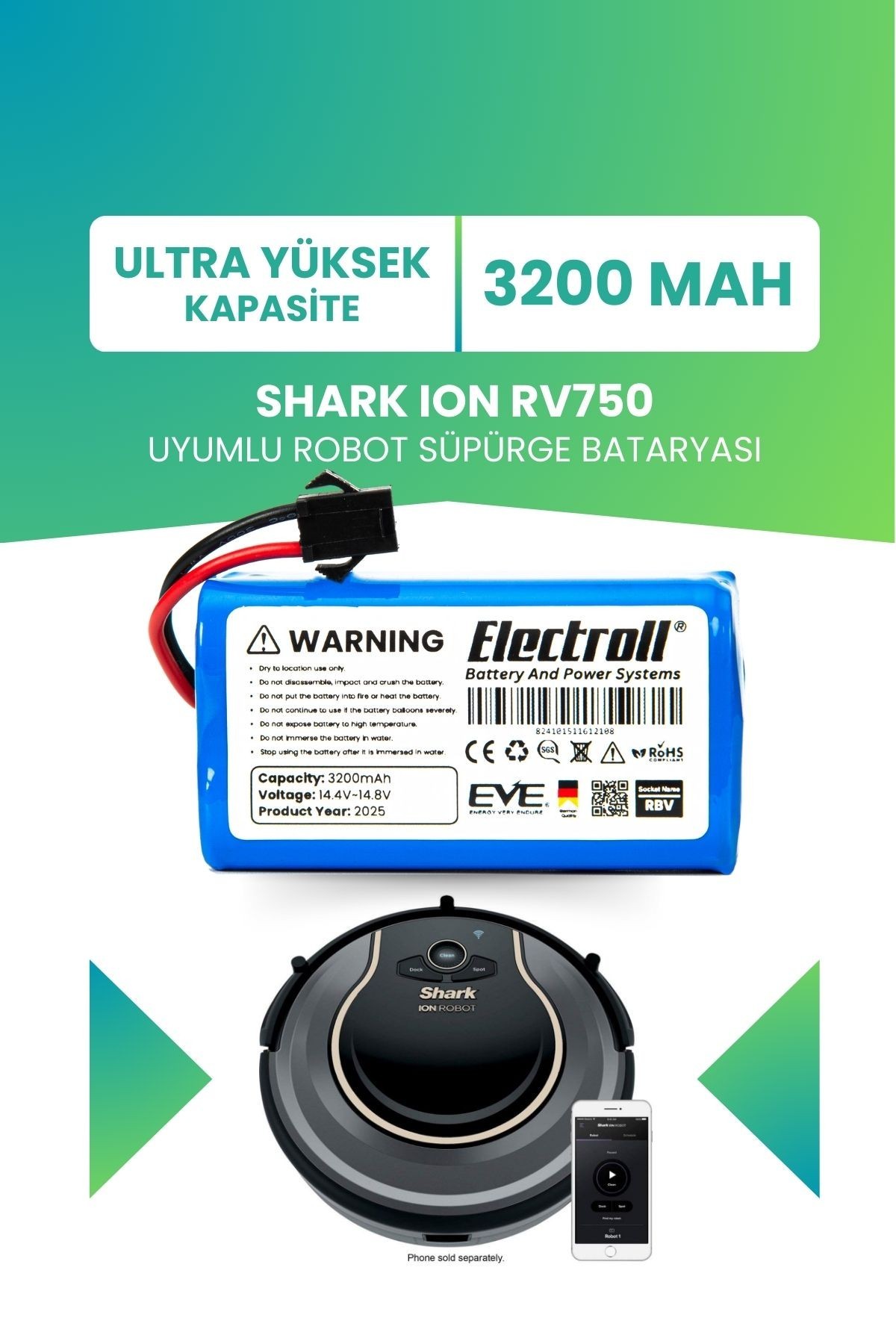 Shark Ion Rv750 Uyumlu Batarya (ULTRA YÜKSEK KAPASİTE) 3200mah Pil Robot Süpürge Bataryası