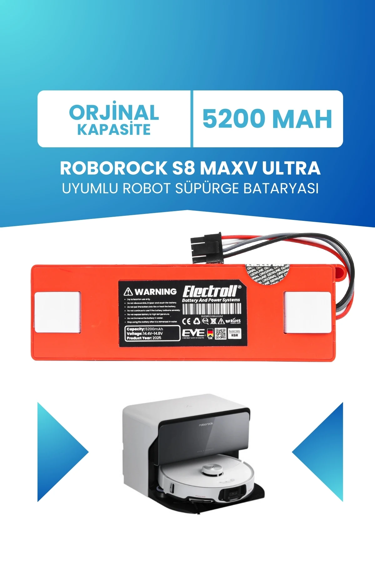 Roborock S8 Maxv Ultra Uyumlu Batarya (ORJİNAL KAPASİTE) 5200mah Pil Robot Süpürge Batarya Değişimi