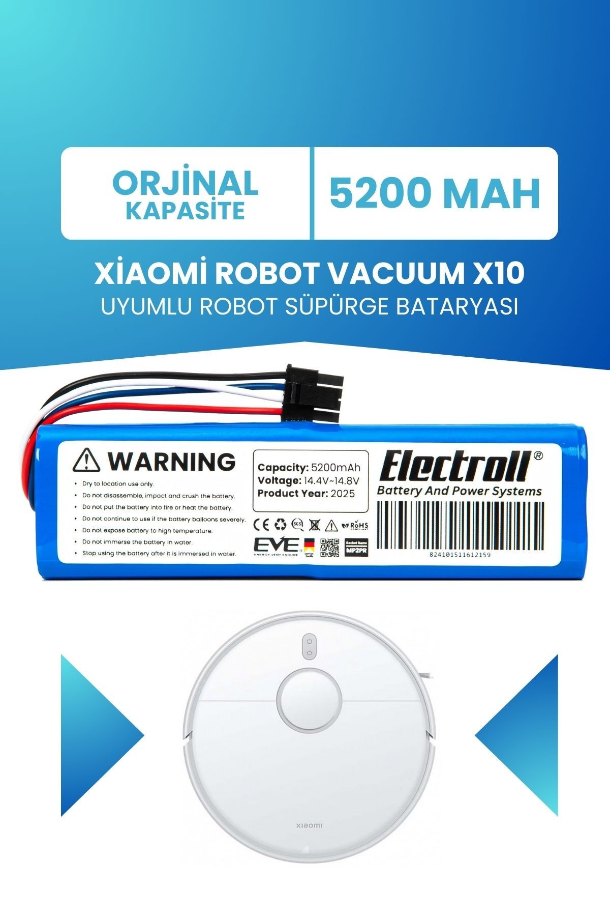 Xiaomi Robot Vacuum X10 Uyumlu Batarya (ORJİNAL KAPASİTE) 5200mah Pil Robot Süpürge Bataryası