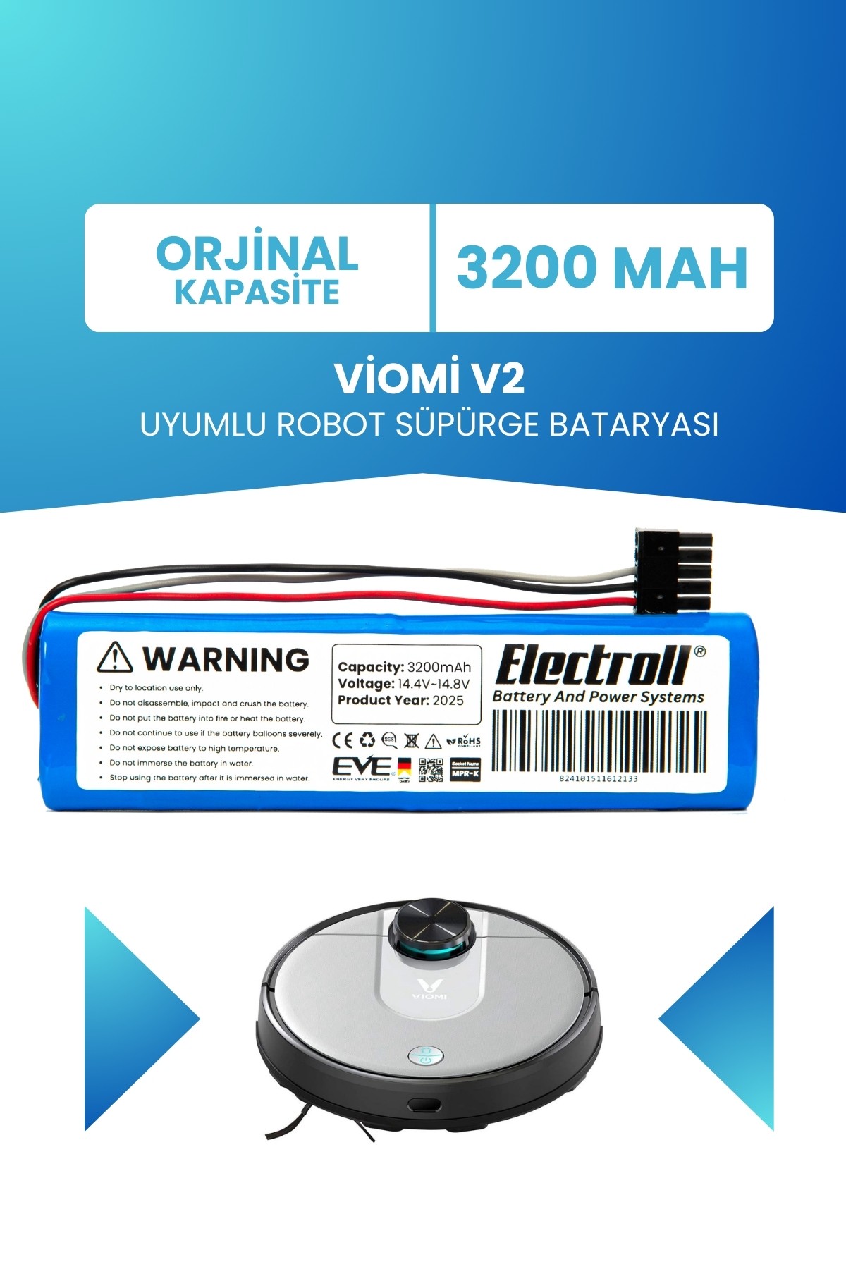Viomi V2 Uyumlu Batarya (ORJİNAL KAPASİTE) 3200mah Pil Robot Süpürge Bataryası Değişimi