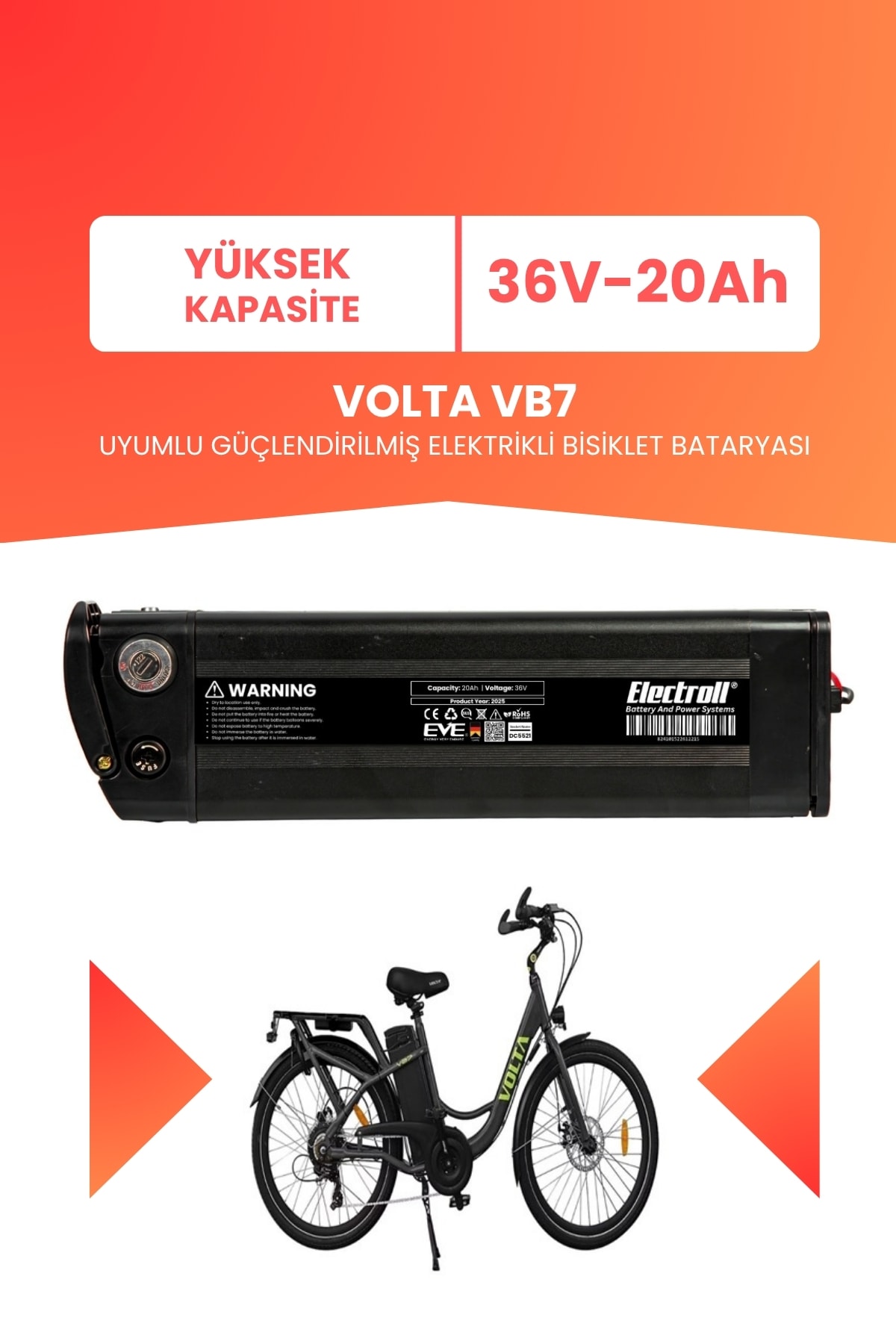 Volta Vb7 Uyumlu 36V 20Ah (Yüksek Kapasite) Güçlendirilmiş Elektrikli Bisiklet Batarya Tamir, Revizyon ve Pil Yenileme