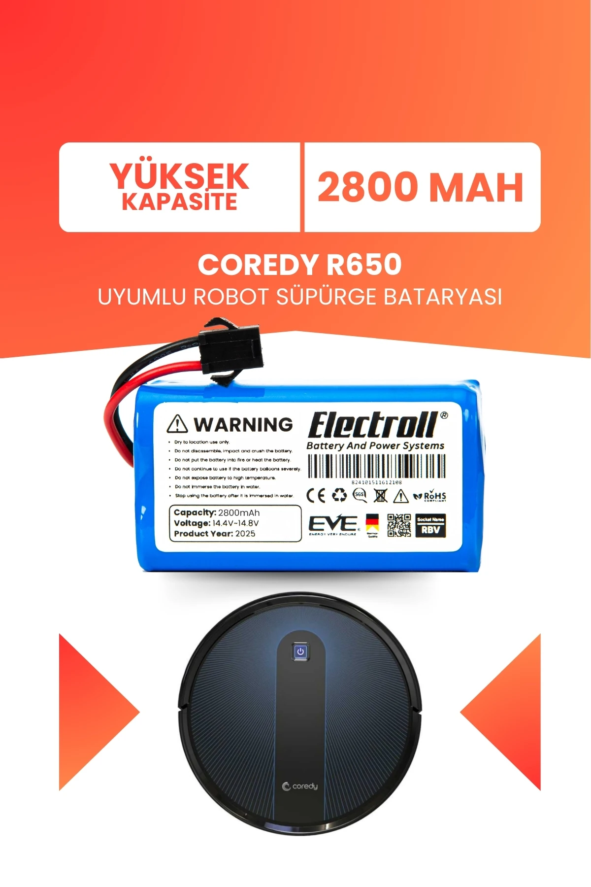 Coredy R650 Uyumlu Batarya (YÜKSEK KAPASİTE) 2800mah Pil Akıllı Robot Süpürge Bataryası