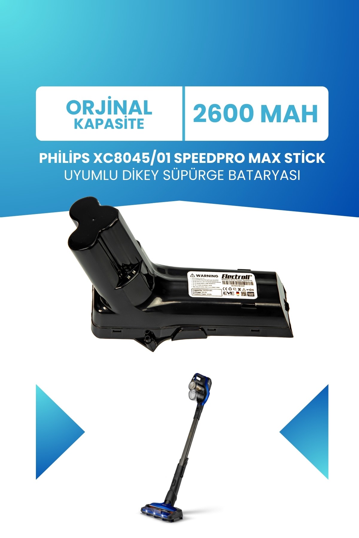 Philips 8000 Serisi XC8045/01 Speedpro Max Stick Uyumlu Batarya 25.2 V 2600mah Dikey Süpürge Bataryası