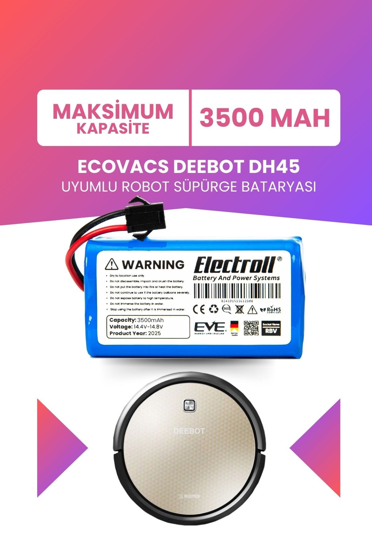 Ecovacs Deebot Dh45 Uyumlu Batarya (MAKSİMUM KAPASİTE) 3500mah Pil Robot Süpürge Bataryası