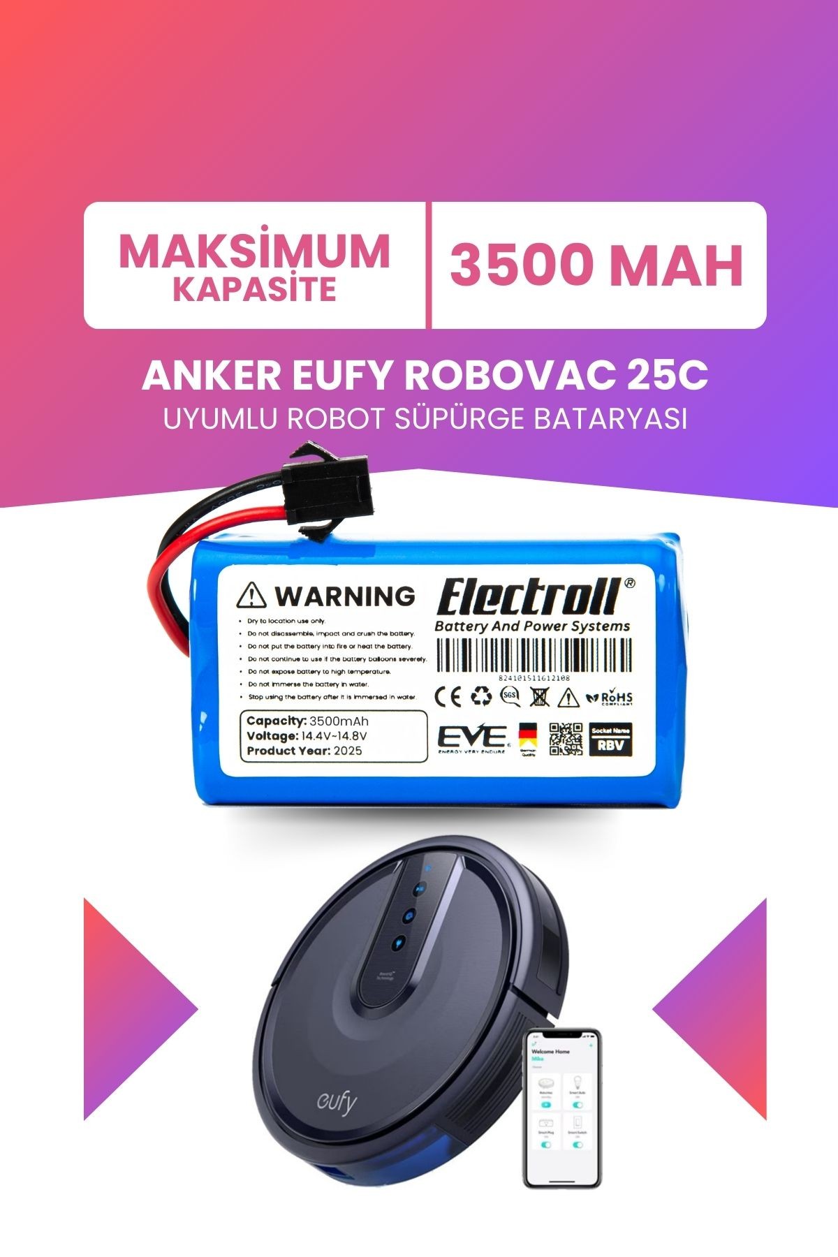 Eufy Robovac 25c Uyumlu Batarya (MAKSİMUM KAPASİTE) 3500mah Robot Süpürge Bataryası T2123