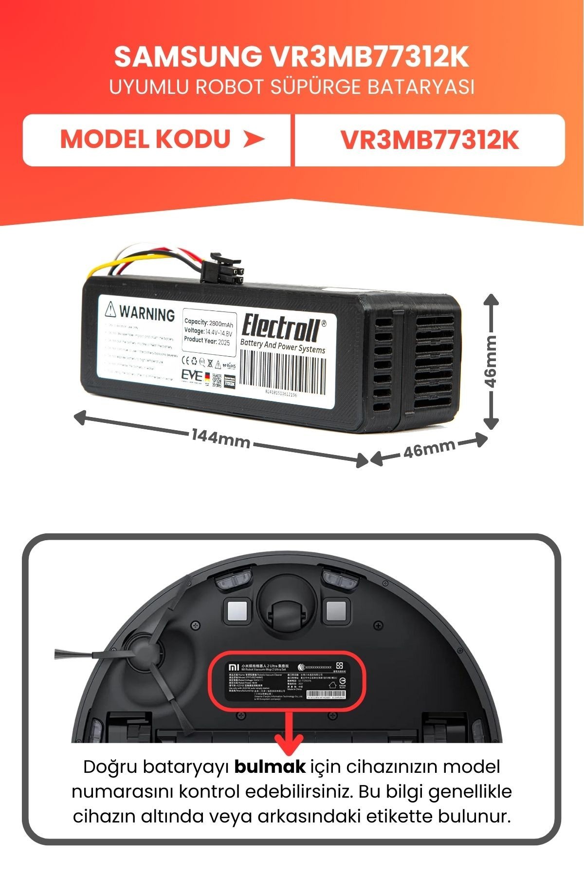 Samsung Vr3mb77312k Uyumlu Batarya (ULTRA YÜKSEK KAPASİTE) 6400mah Robot Süpürge Bataryası Değişimi