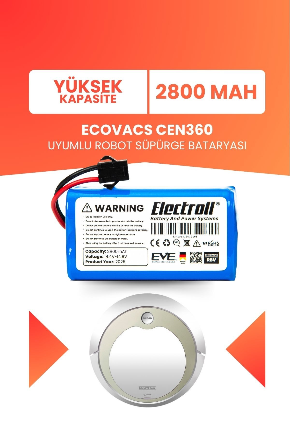 Ecovacs Cen360 Uyumlu Batarya (YÜKSEK KAPASİTE) 2800mah Pil Akıllı Robot Süpürge Bataryası