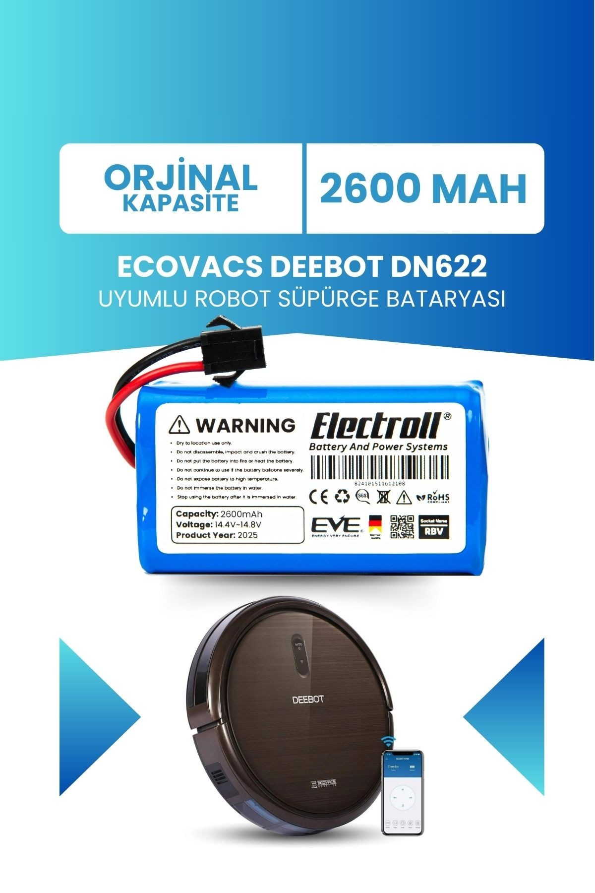 Ecovacs Deebot Dn622 Uyumlu Batarya (ORJİNAL KAPASİTE) 2600mah Pil Robot Süpürge Bataryası