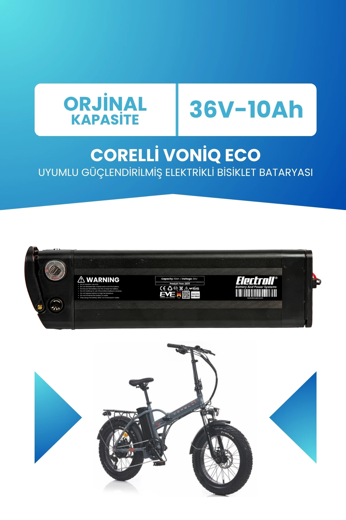 Corelli Voniq Eco Uyumlu 36V 10Ah Güçlendirilmiş Elektrikli Bisiklet Batarya Tamir, Revizyon ve Pil Yenileme