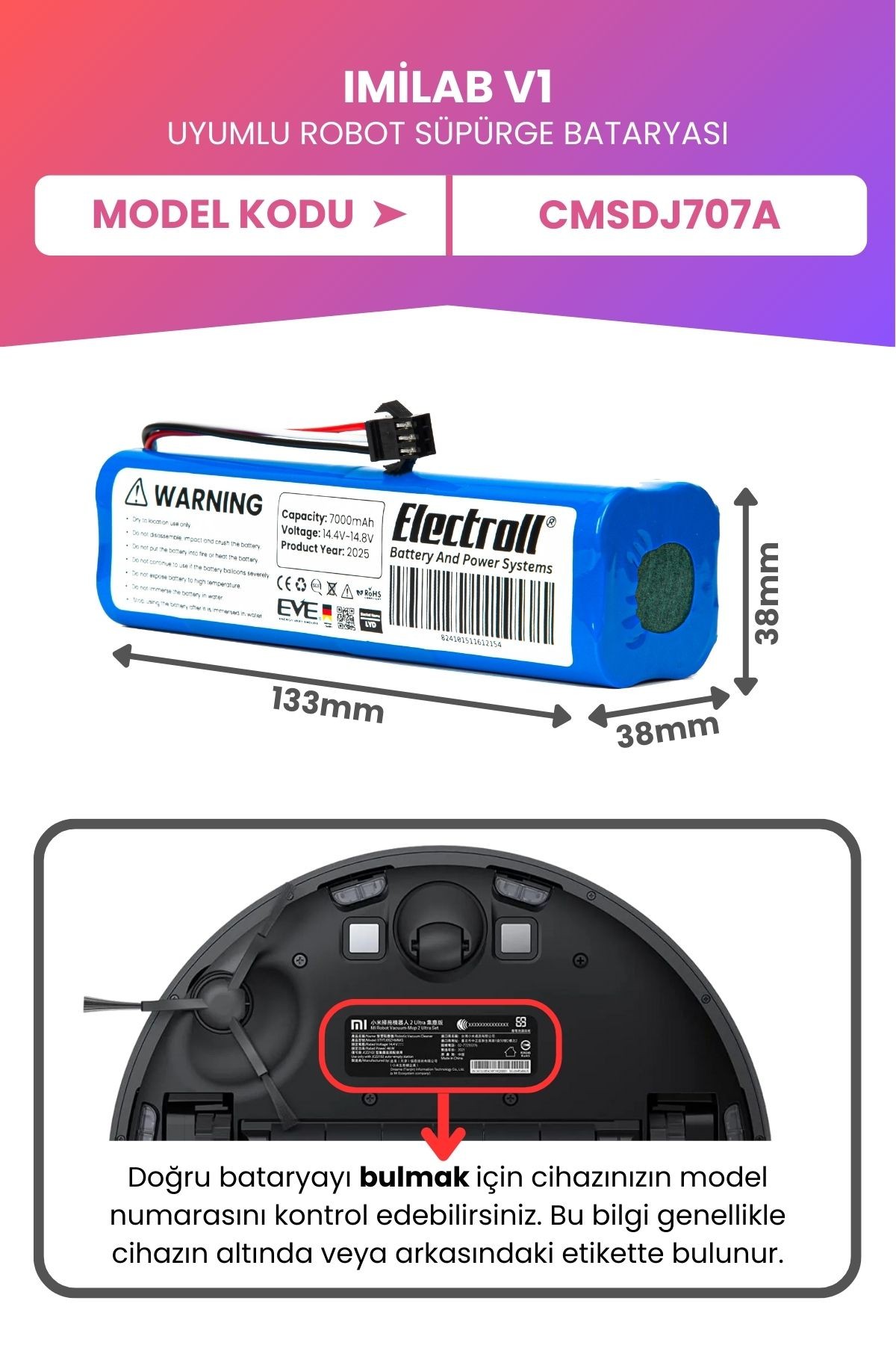 Imilab V1 Uyumlu Batarya (MAKSİMUM KAPASİTE) 7000mah Pil Robot Süpürge Bataryası Değişimi CMSDJ707A