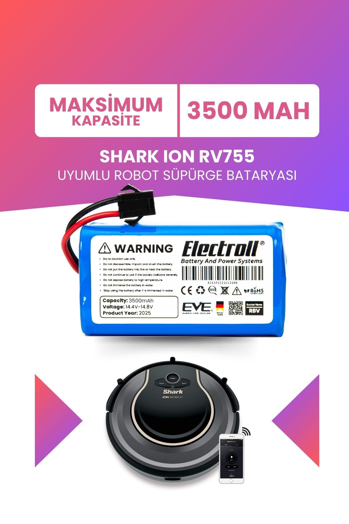 Shark Ion Rv755 Uyumlu Batarya (MAKSİMUM KAPASİTE) 3500mah Pil Robot Süpürge Bataryası