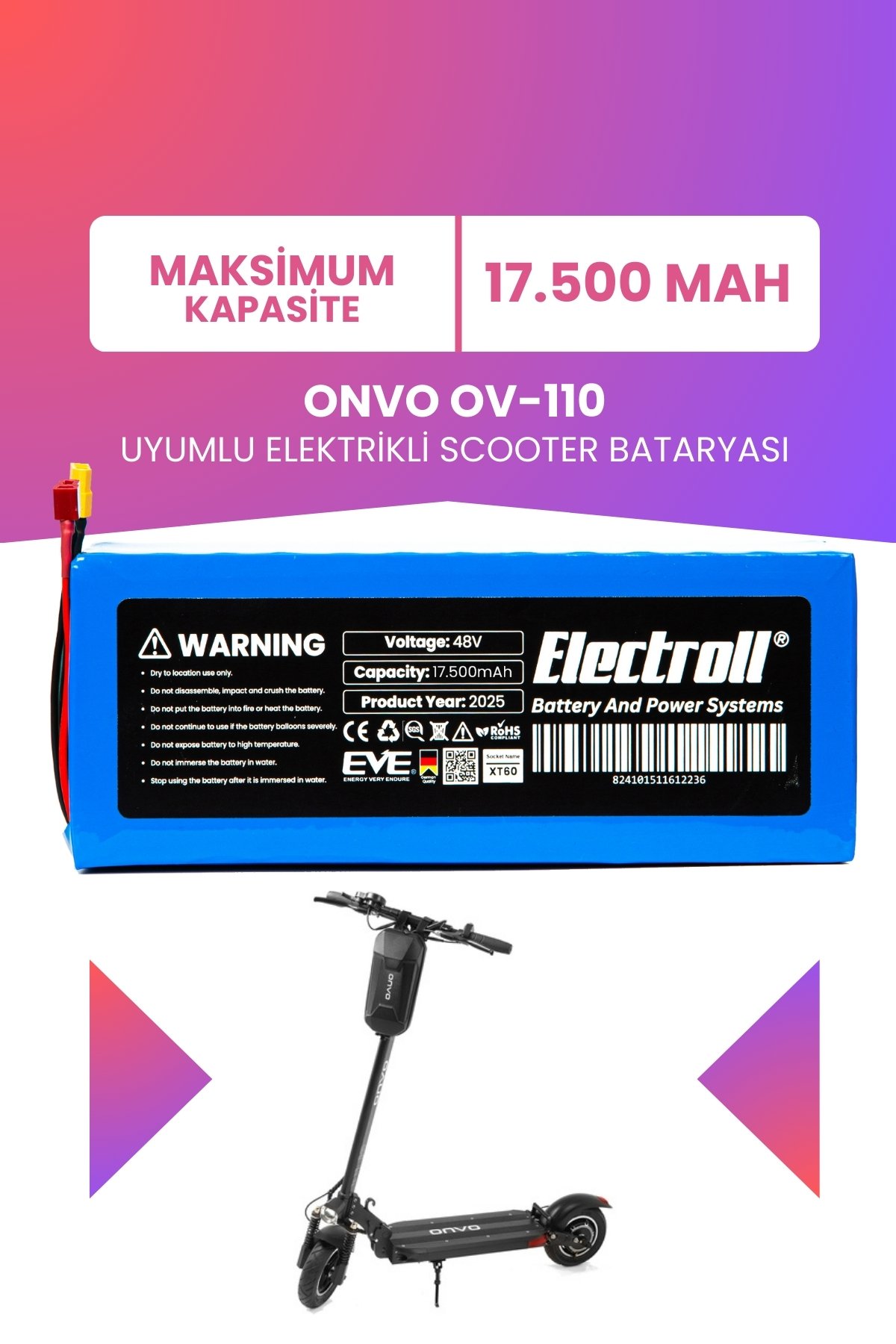 ONVO OV-110 Batarya (Maksimum Kapasite) Batarya 48v 17.5ah Pil Elektrikli Scooter Bataryası