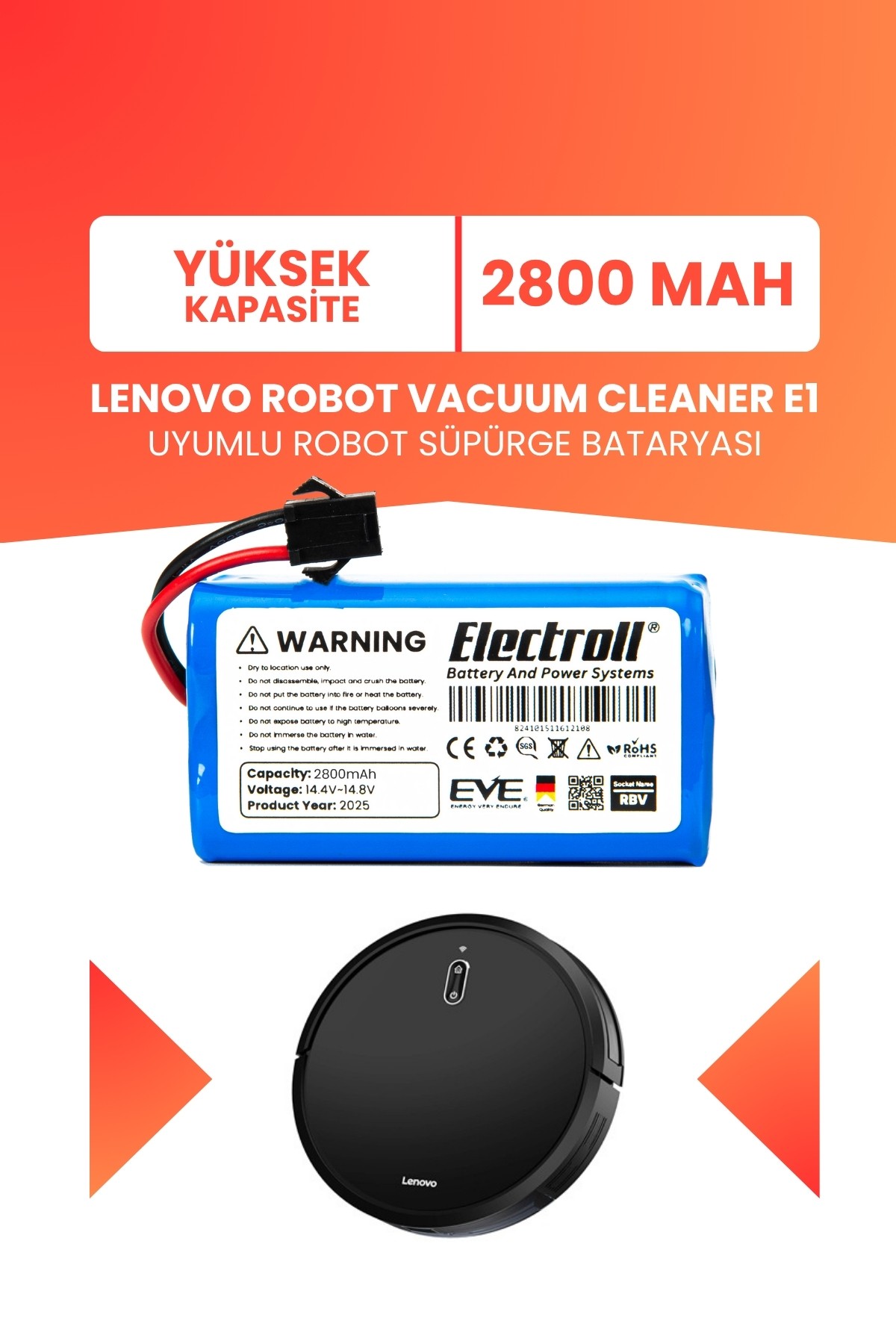 Lenovo Robot Vacuum Cleaner E1 Uyumlu Batarya (YÜKSEK KAPASİTE) 2800mah Robot Süpürge Bataryası