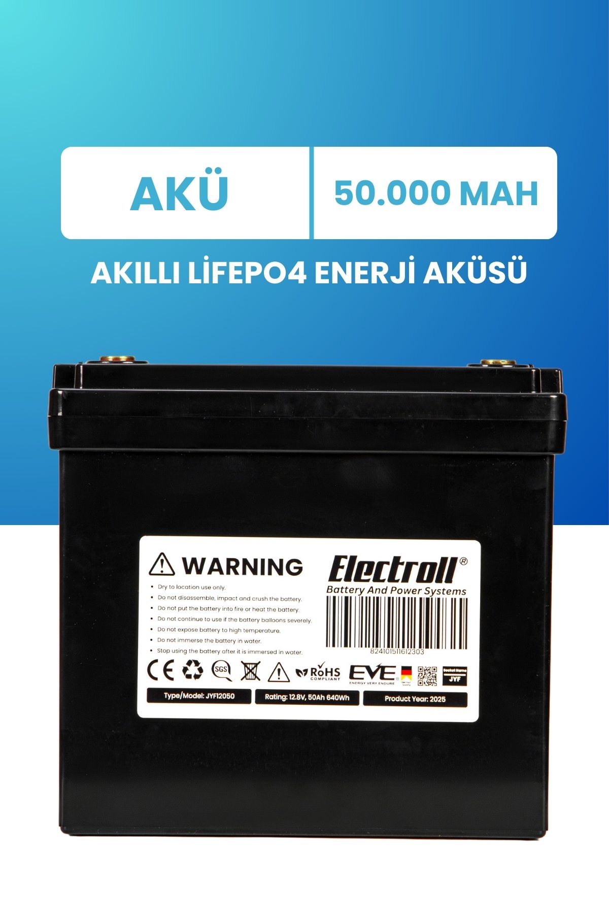 12.8V 50Ah Akıllı LiFePO4 Enerji Aküsü – Gelişmiş BMS'li, Uzun Ömürlü, Yüksek Güvenlikli Güç Deposu