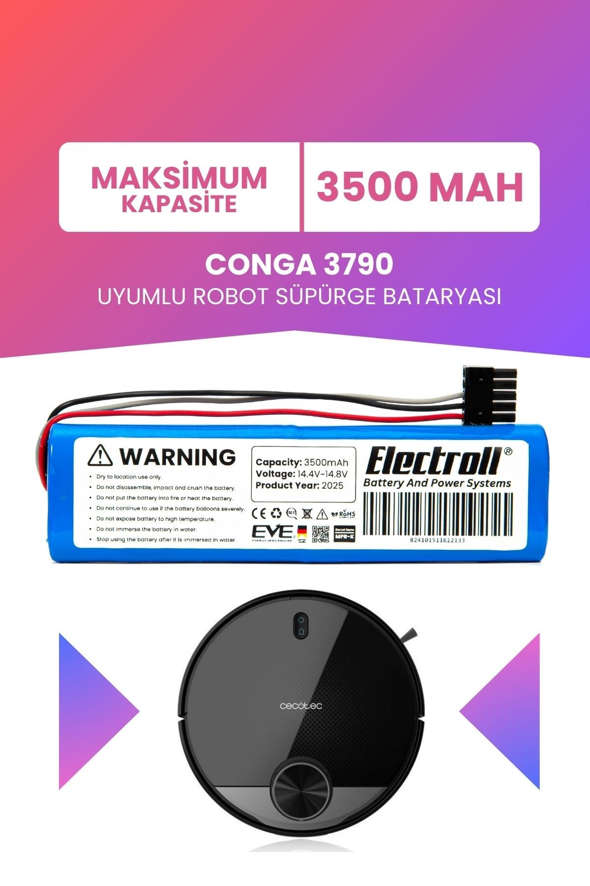 Conga 3790 Uyumlu Batarya (MAKSİMUM KAPASİTE) 3500mah Pil Robot Süpürge Bataryası Değişimi