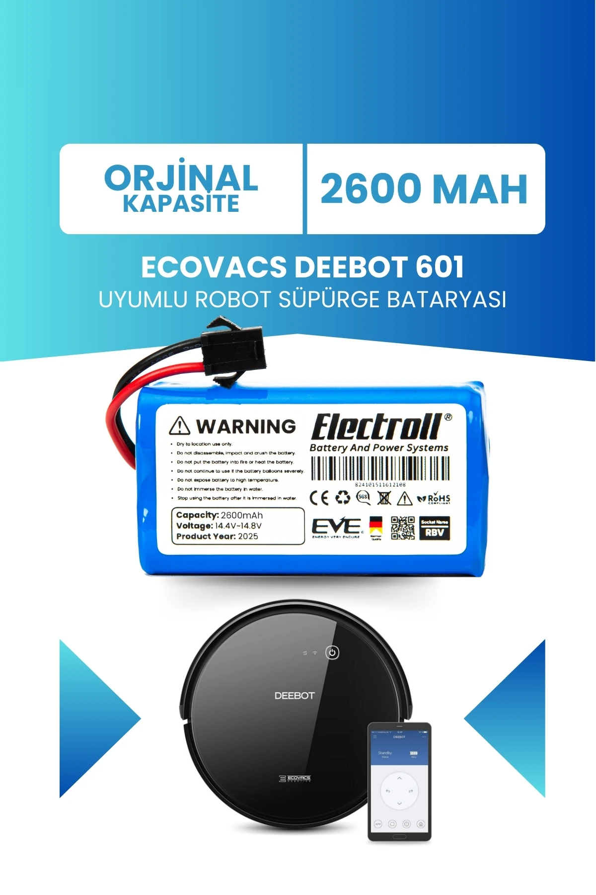 Ecovacs Deebot 601 Uyumlu Batarya (ORJİNAL KAPASİTE) 2600mah Pil Robot Süpürge Bataryası