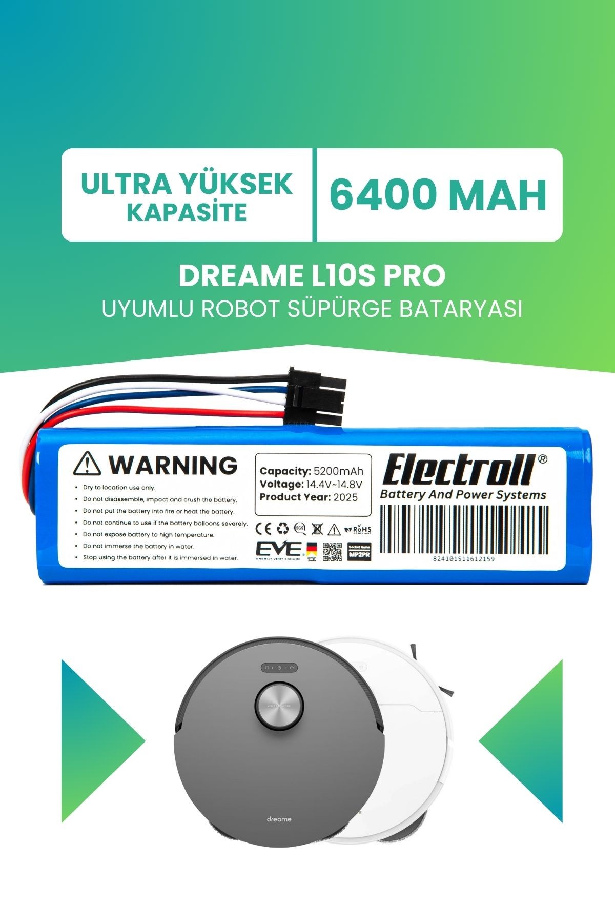 Dreame L10s Pro Uyumlu Batarya (ULTRA YÜKSEK KAPASİTE) 6400mah Pil Robot Süpürge Bataryası Değişimi
