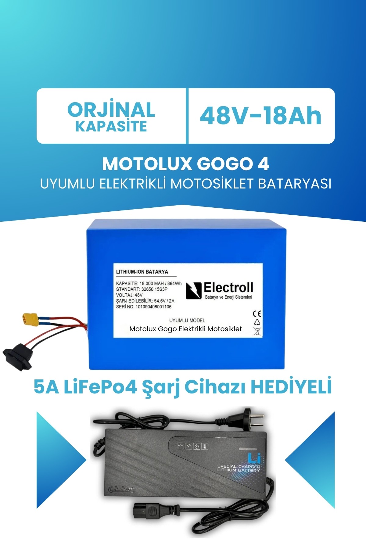 Motolux Gogo 4 Batarya 48v 18 Ah Lifepo4 (ELEKTRİKLİ MOTORSİKLET İÇİN) 5a Lifepo4 Şarj Cihazı Hediye