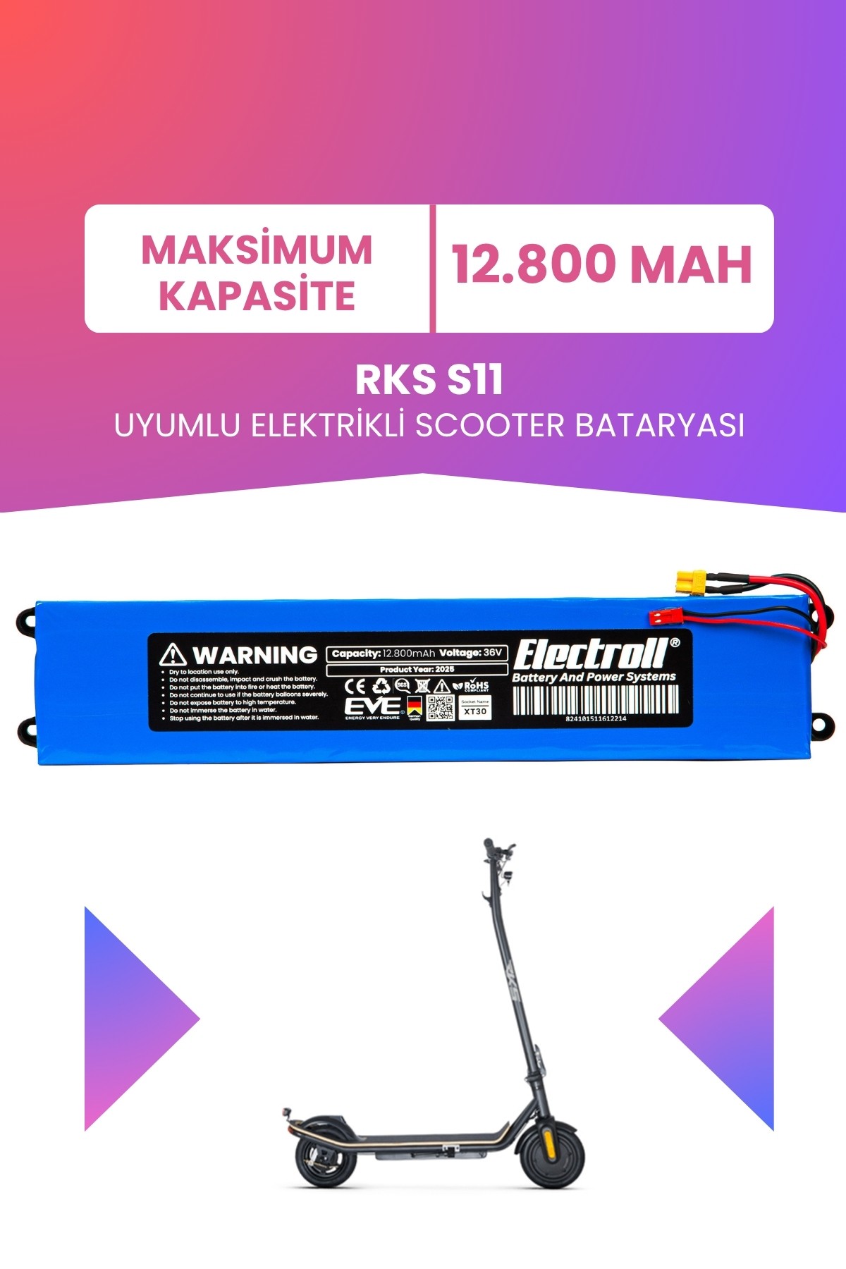 Rks S11 Uyumlu Batarya (Maksimum Kapasite) 36v 12.800Mah Elektrikli Scooter Bataryası