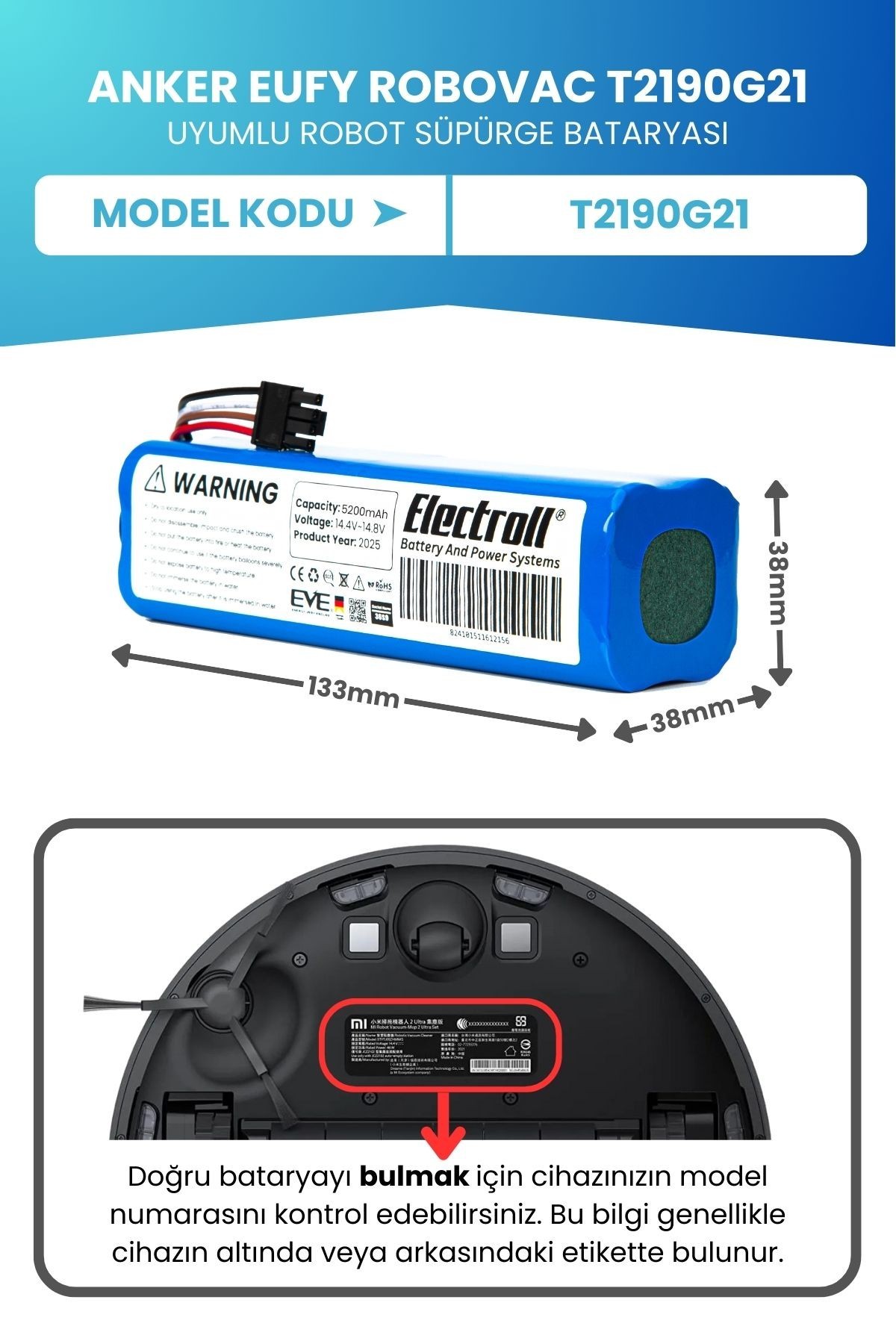 Eufy T2190g21 Uyumlu Batarya (ORJİNAL KAPASİTE) 5200mah Pil Robot Süpürge Batarya Değişimi