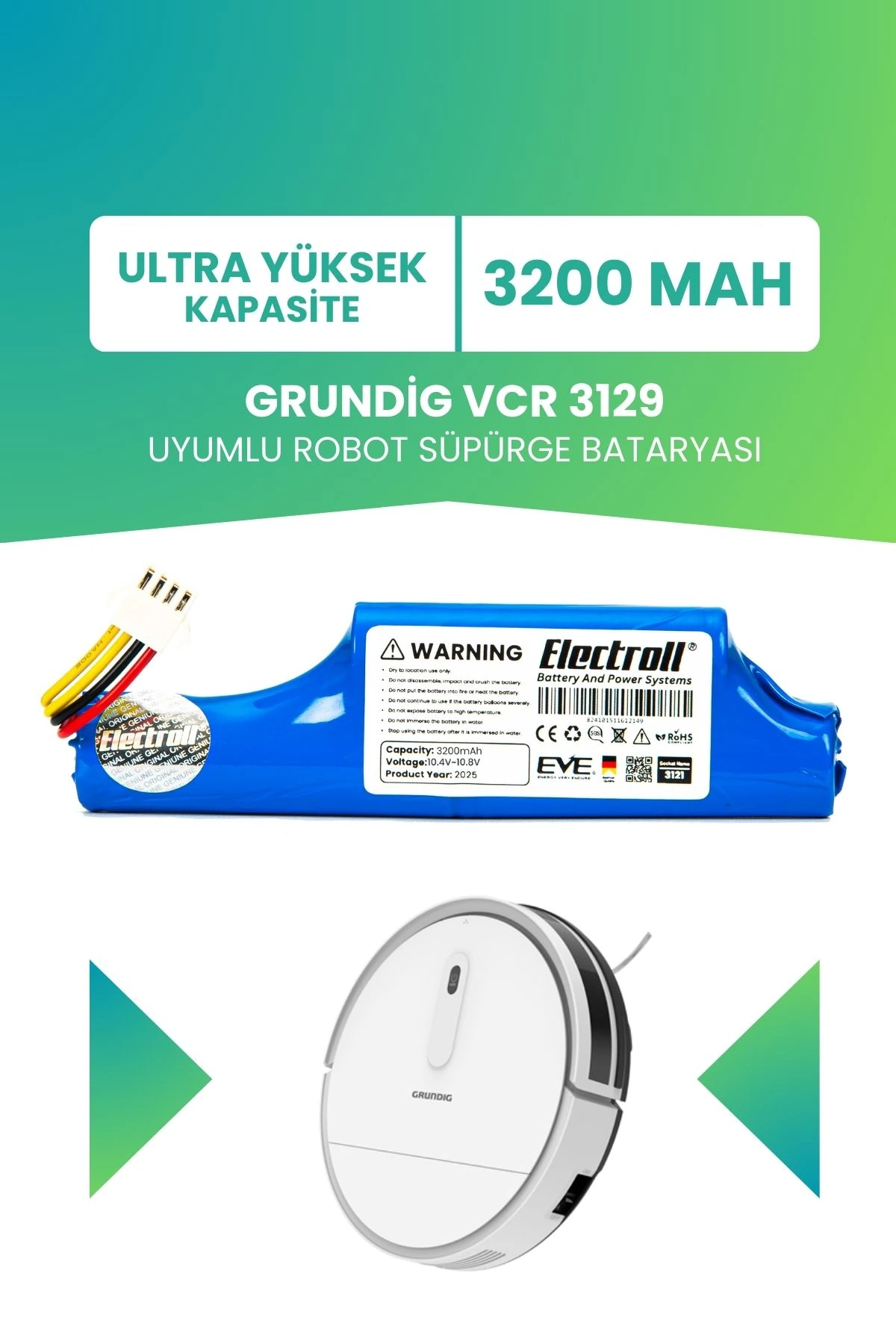 Grundig Vcr 3129 Uyumlu Batarya (ULTRA YÜKSEK KAPASİTE) 3200mah Robot Süpürge Bataryası