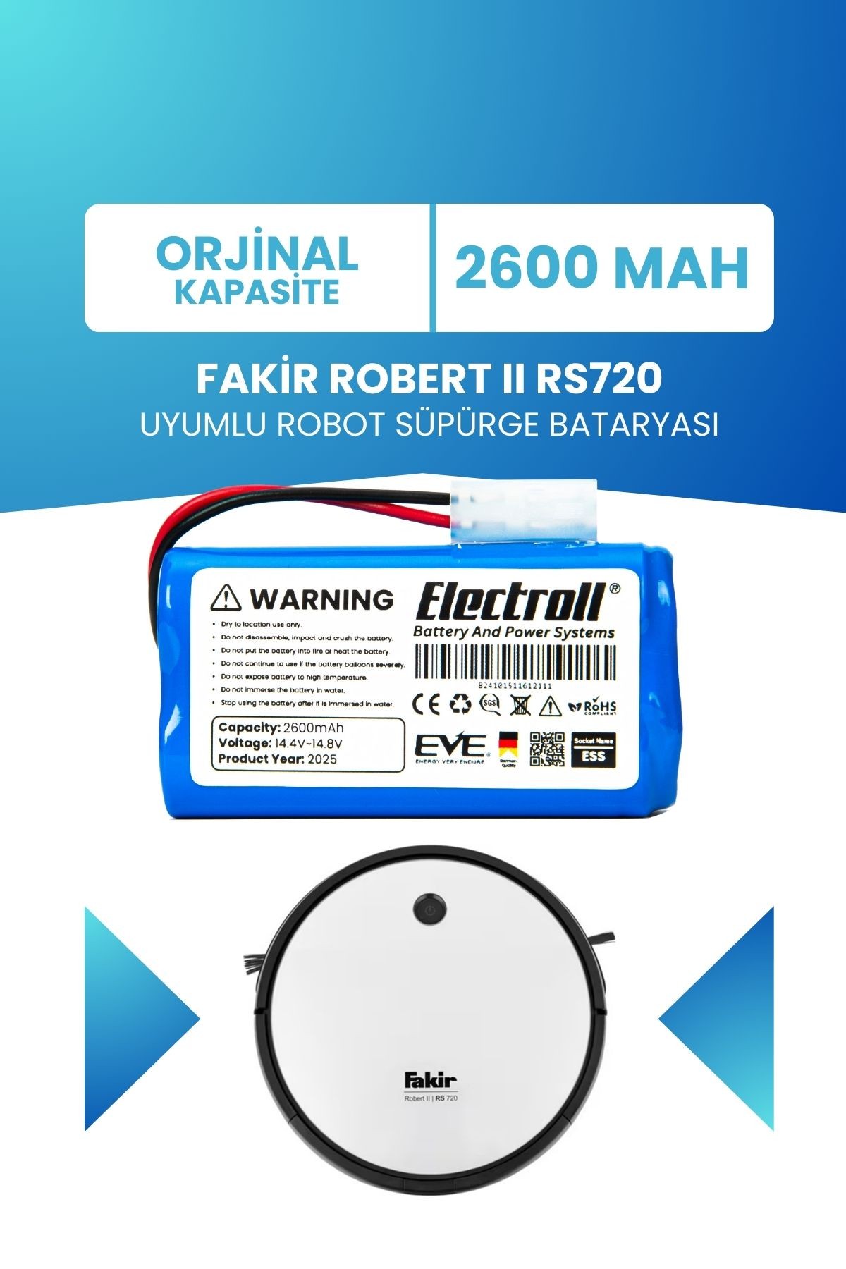 Fakir Robert Iı Rs720 Uyumlu Batarya (ORJİNAL KAPASİTE) 2600mah Pil Robot Süpürge Bataryası 41004400