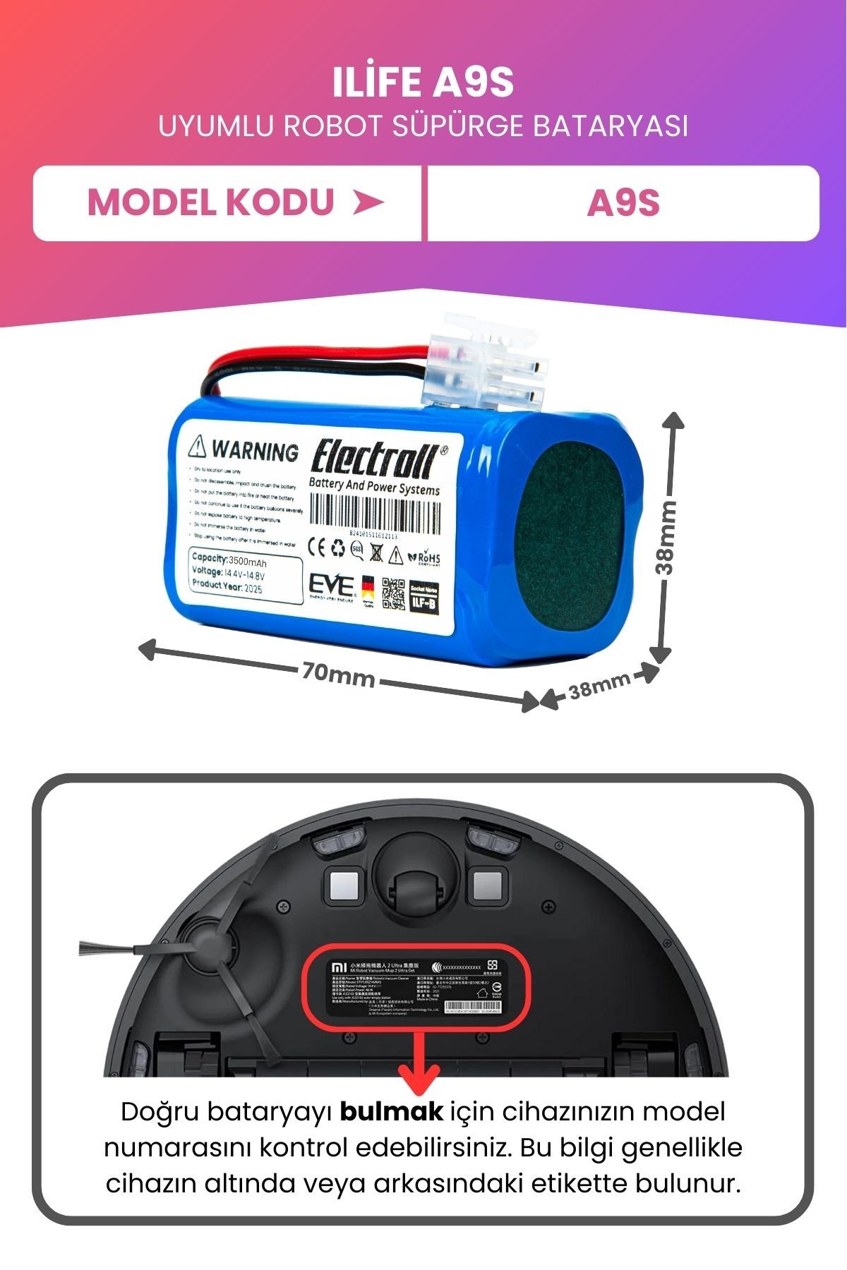 Ilife A9S Uyumlu Batarya (MAKSİMUM KAPASİTE) 3500mah Pil Robot Süpürge Bataryası
