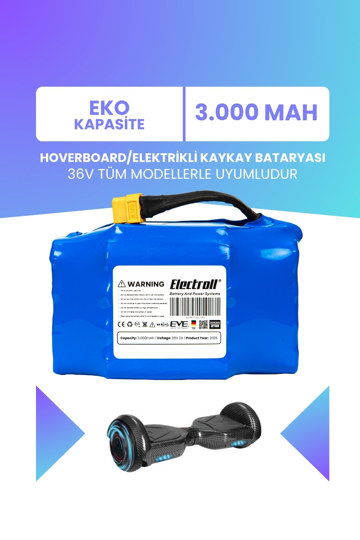 Hoverboard / Elektrikli Kaykay Bataryası 36v 3.000mah (EKO KAPASİTE) Güçlendirilmiş Batarya