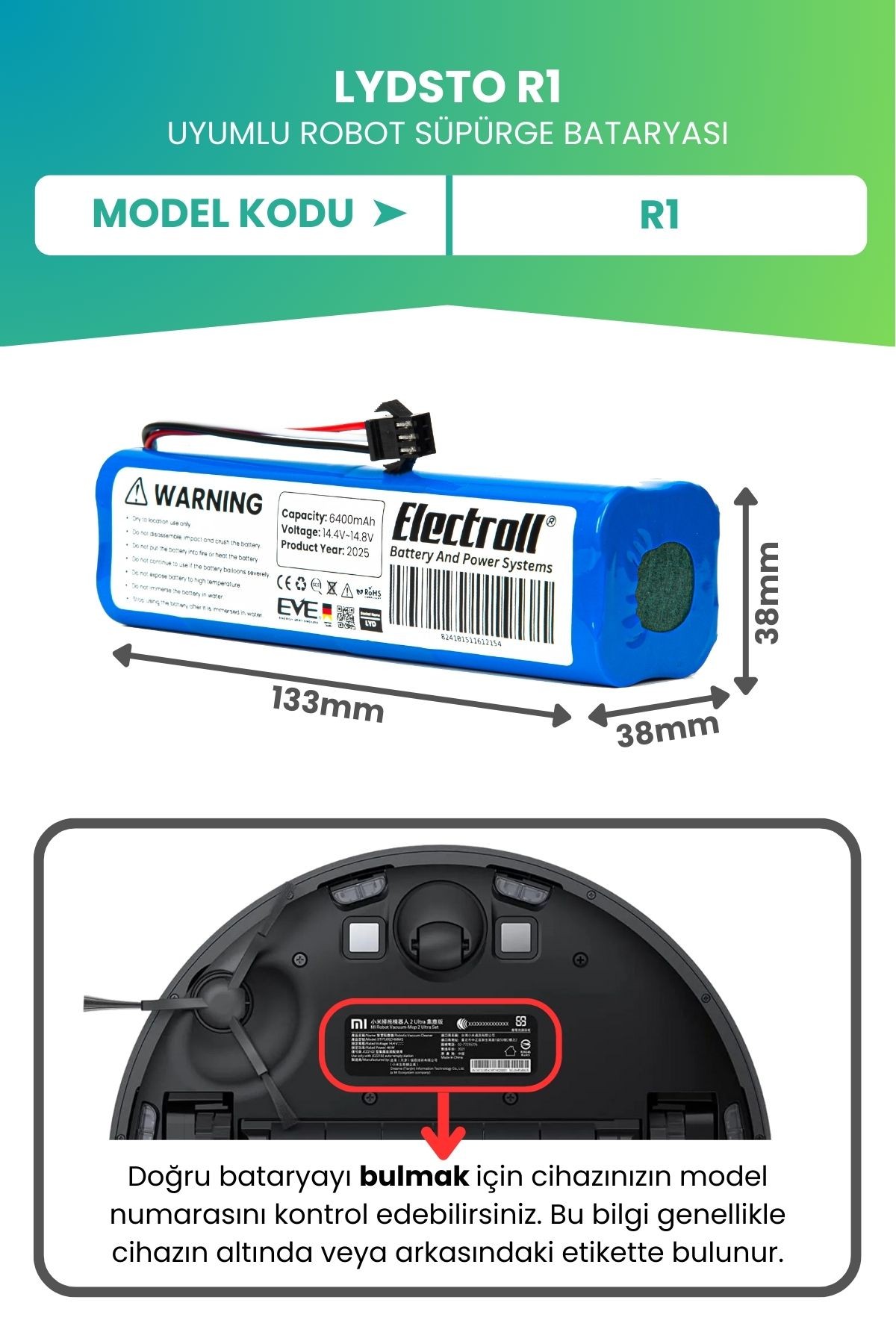 Lydsto R1 Uyumlu Batarya (ULTRA YÜKSEK KAPASİTE) 6400mah Pil Robot Süpürge Bataryası Değişimi