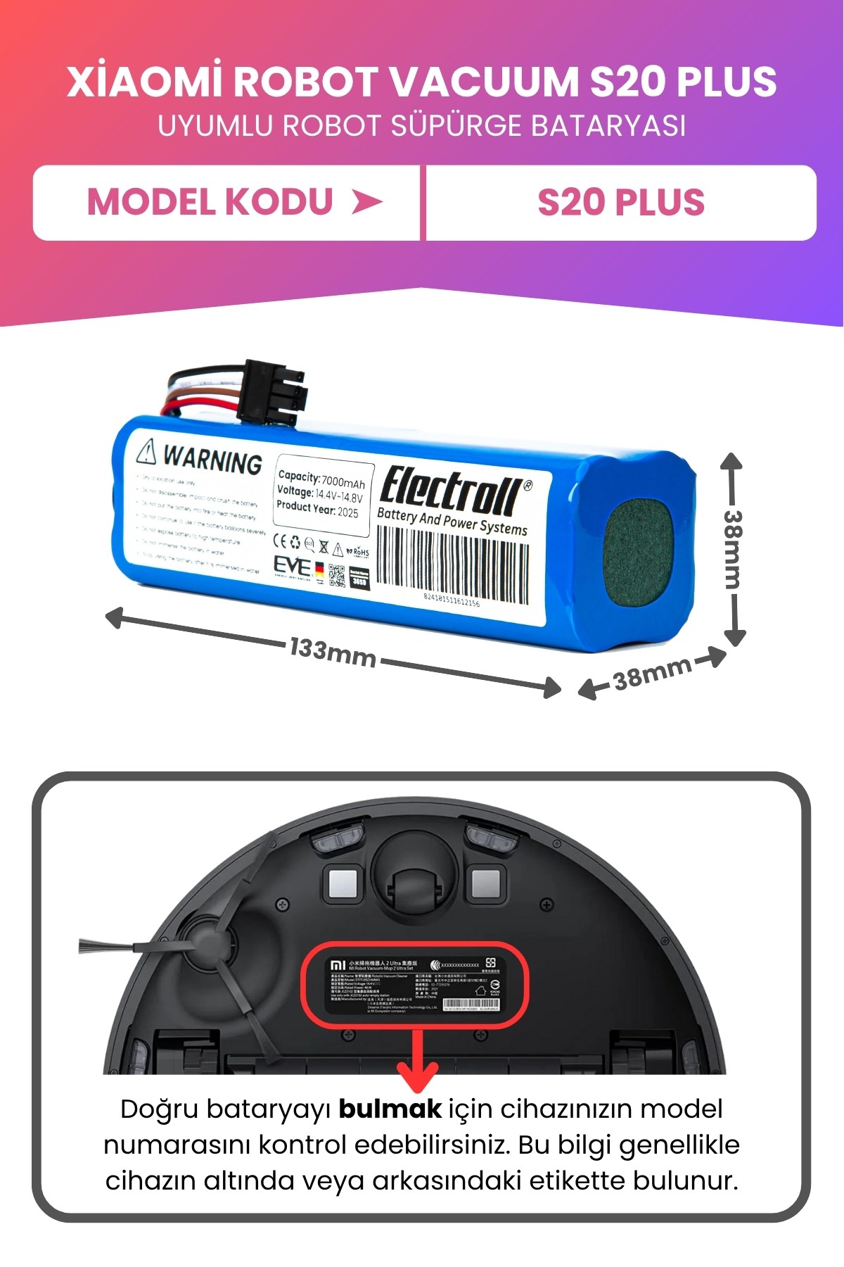 Xiaomi Robot Vacuum S20 Plus Uyumlu Batarya (MAKSİMUM KAPASİTE) 7000mah Pil Robot Süpürge Bataryası