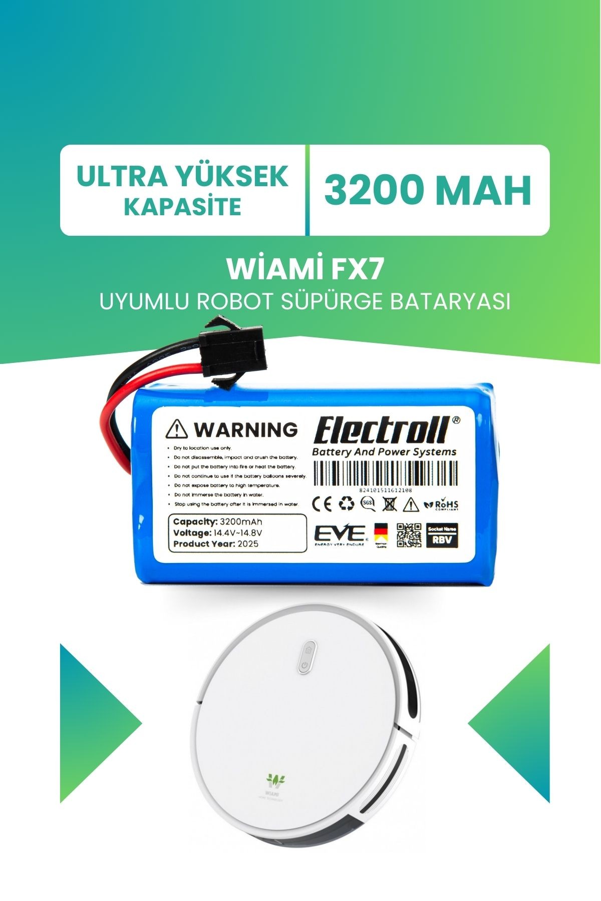 Wiami Fx7 Uyumlu Batarya (ULTRA YÜKSEK KAPASİTE) 3200mah Pil Robot Süpürge Bataryası