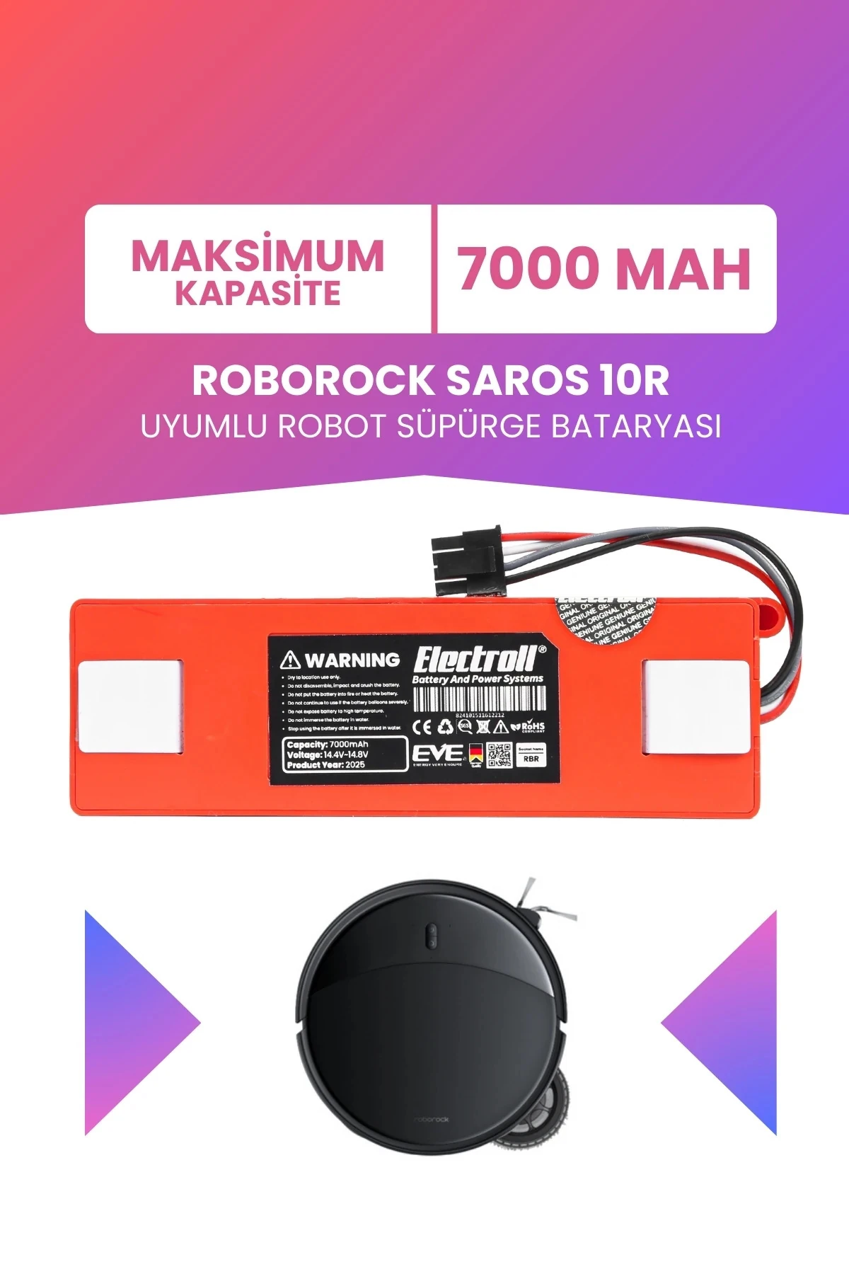 ROBOROCK SAROS 10R Uyumlu Batarya (MAKSİMUM KAPASİTE) 7000mah Kutulu Robot Süpürge Pil Değişimi