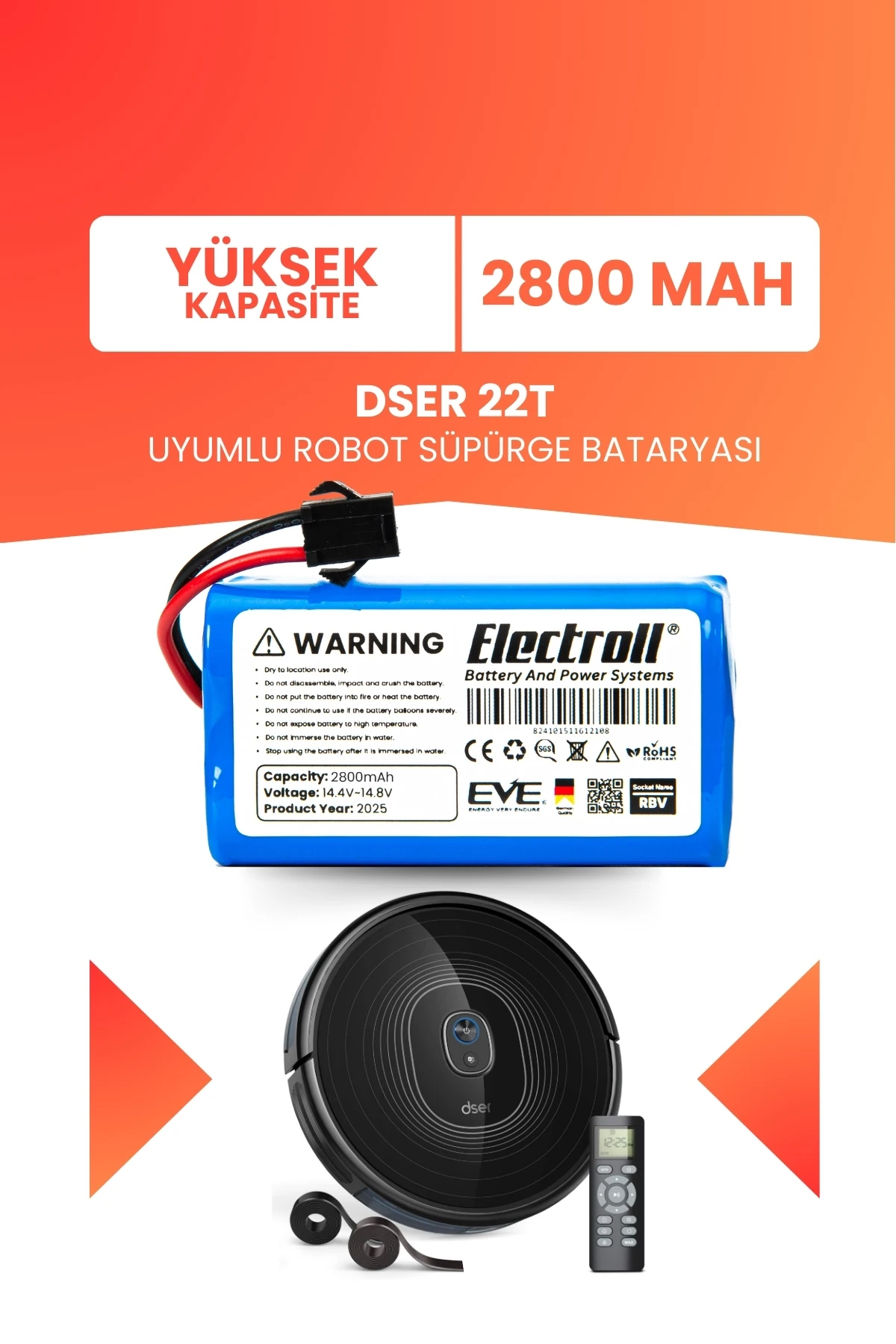 Dser 22t Uyumlu Batarya (YÜKSEK KAPASİTE) 2800mah Pil Akıllı Robot Süpürge Bataryası