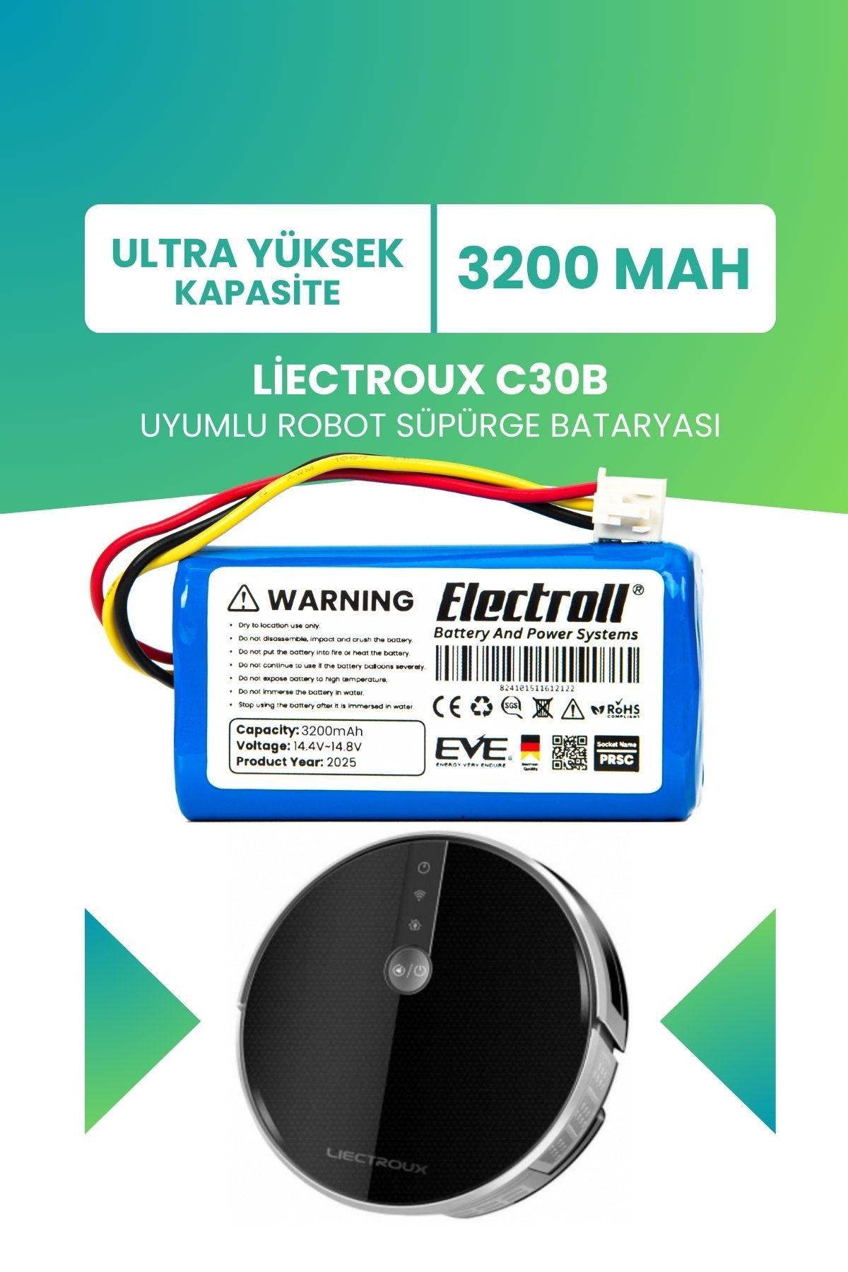 Liectroux C30B Uyumlu Batarya (ULTRA YÜKSEK KAPASİTE) 3200mah Pil Robot Süpürge Bataryası